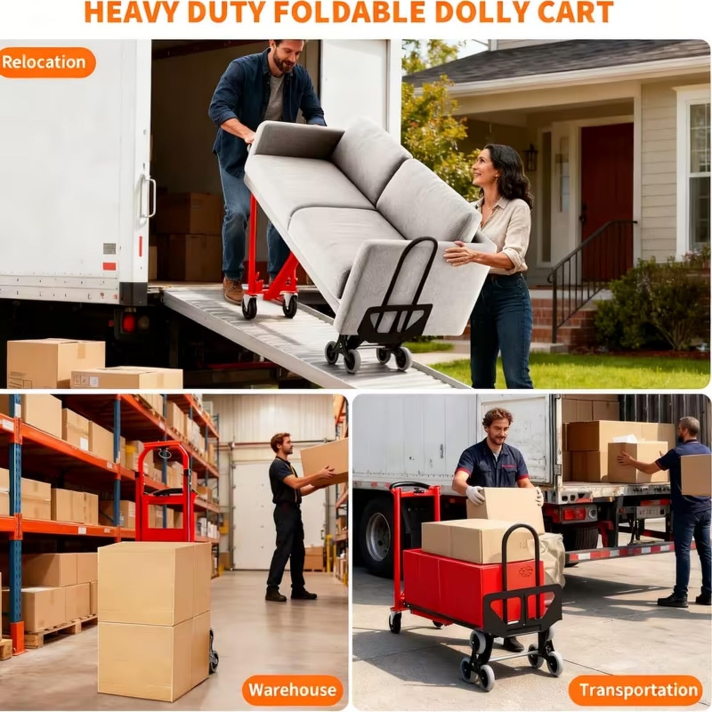 Heavy Duty Stair Climbing Hand Truck - 1000 LBS Capacity 4-in-1 Convertible Dolly Cart, Foldable Platform Utility Cart for Moving Boxes, Industrial Grade Steel Construction(Orange)
