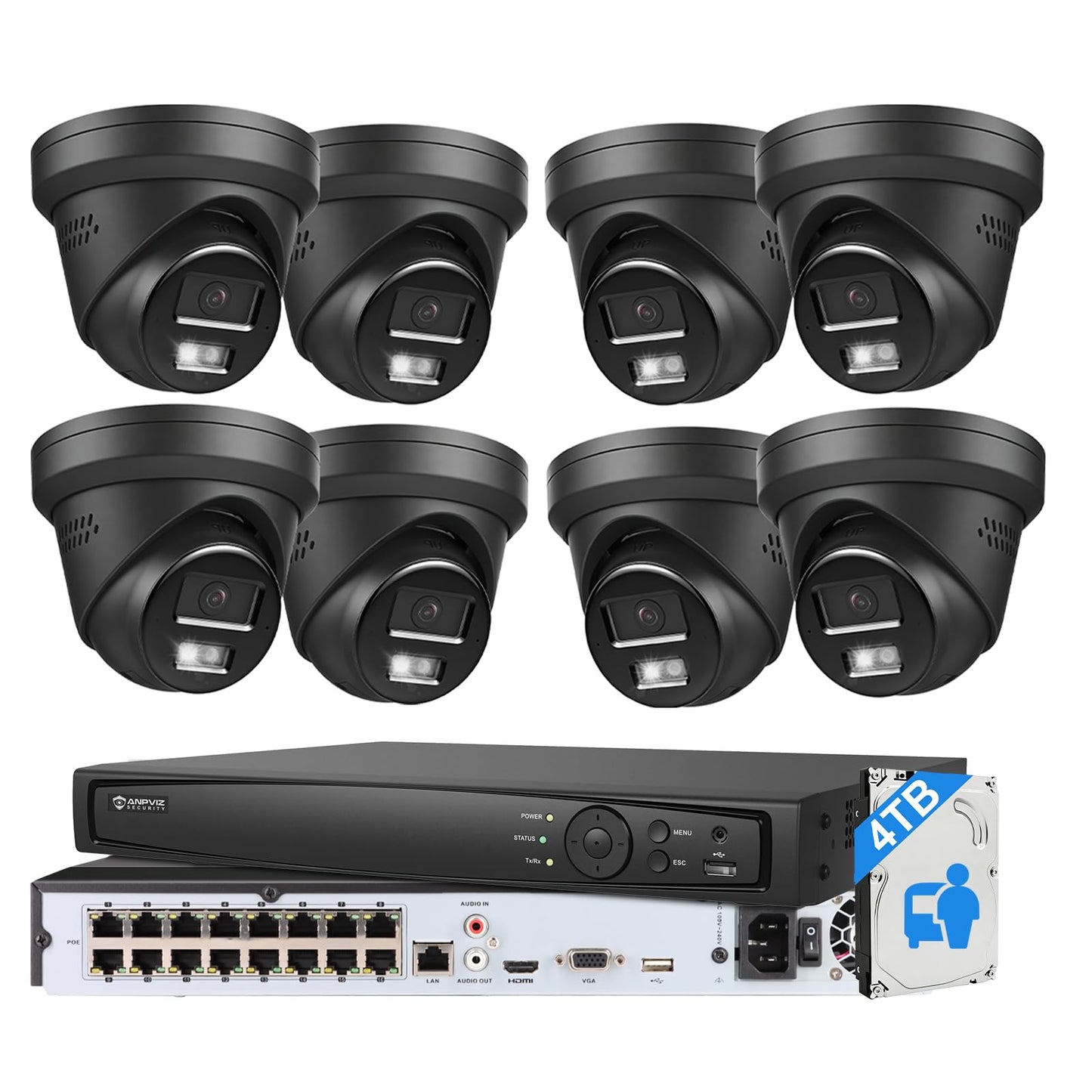 【Active Deterrent & 2-Way Audio】Anpviz 16CH PoE Security Camera System, 8X 5MP Wired IP Turret Cameras Outdoor Black, 12MP NVR with 4TB HDD, Human/Vehicle Detection, Plug&Play for Business (H Series)