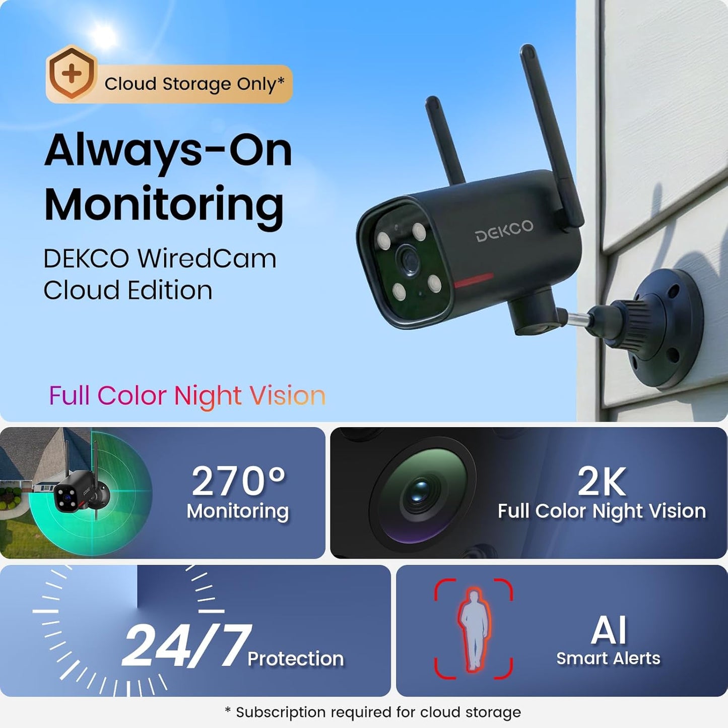 DEKCO 2K 180 270 24/7 Wired Security Camera Outdoor, Pan & Coverage, Constant Power Surveillance, Full Color Night
