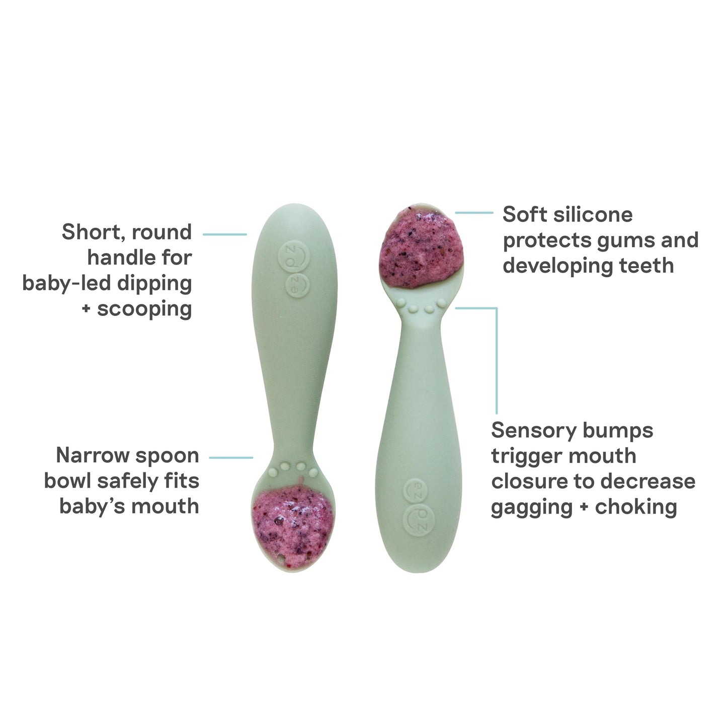 ezpz Baby Feeding Bundle – Tiny Spoon (2-Pack, Sage) + Gumline Feeder (Sage) – 100% Silicone Baby-Led Weaning Set for 4–6+ Months – Infant Feeding Essentials