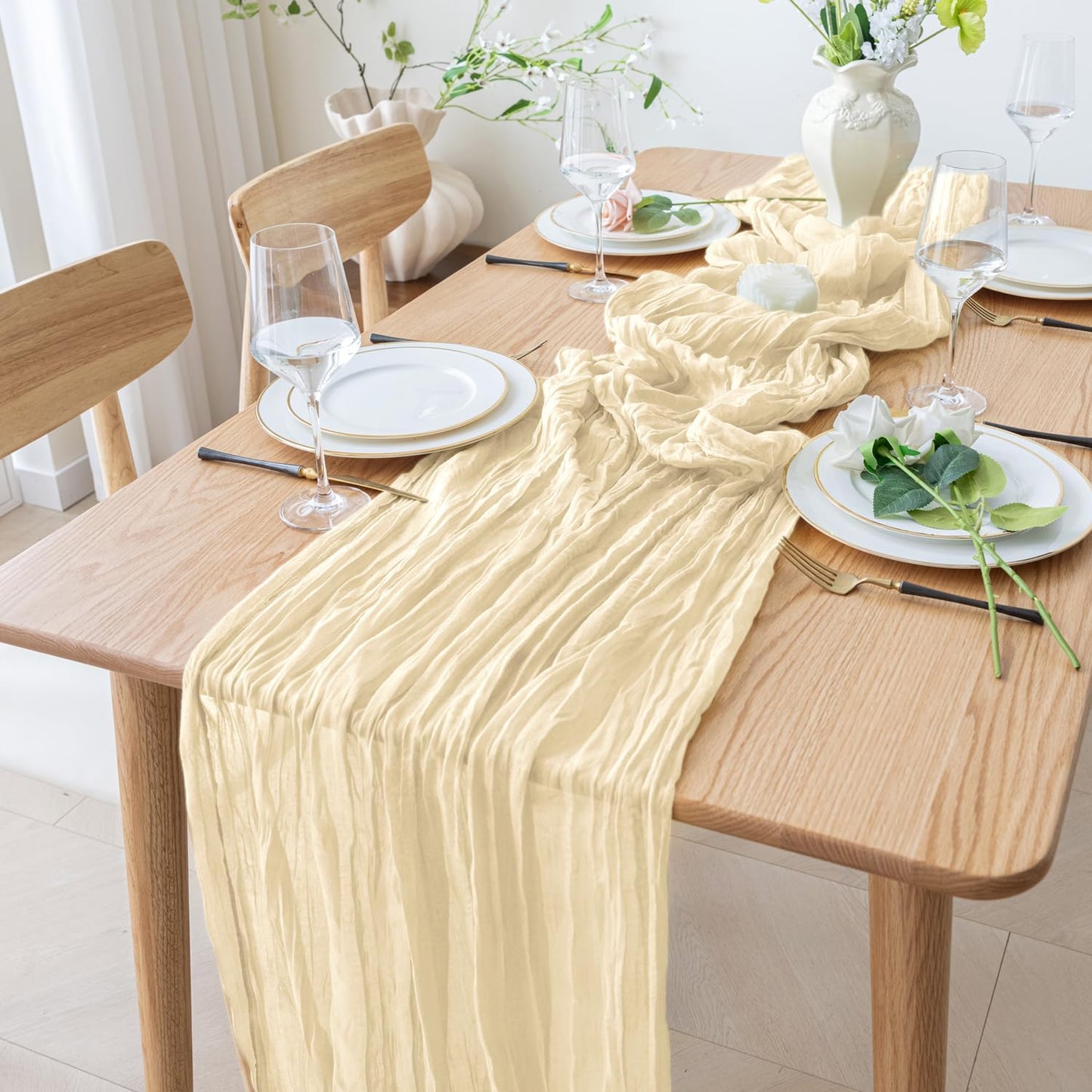 Skiennix Table Runner - 10FT Beige Boho Gauze Cheesecloth for Rustic Wedding & Party Decor