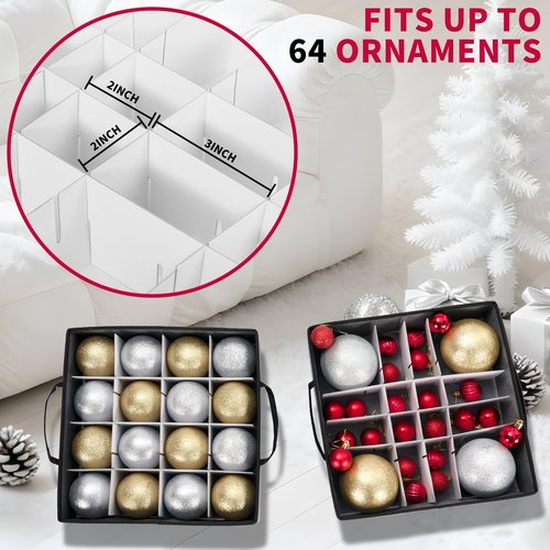 DIMESHY Christmas Ornament Storage Box - Adjustable Dividers & 4 Removable Trays for 64 Decorations | Gray