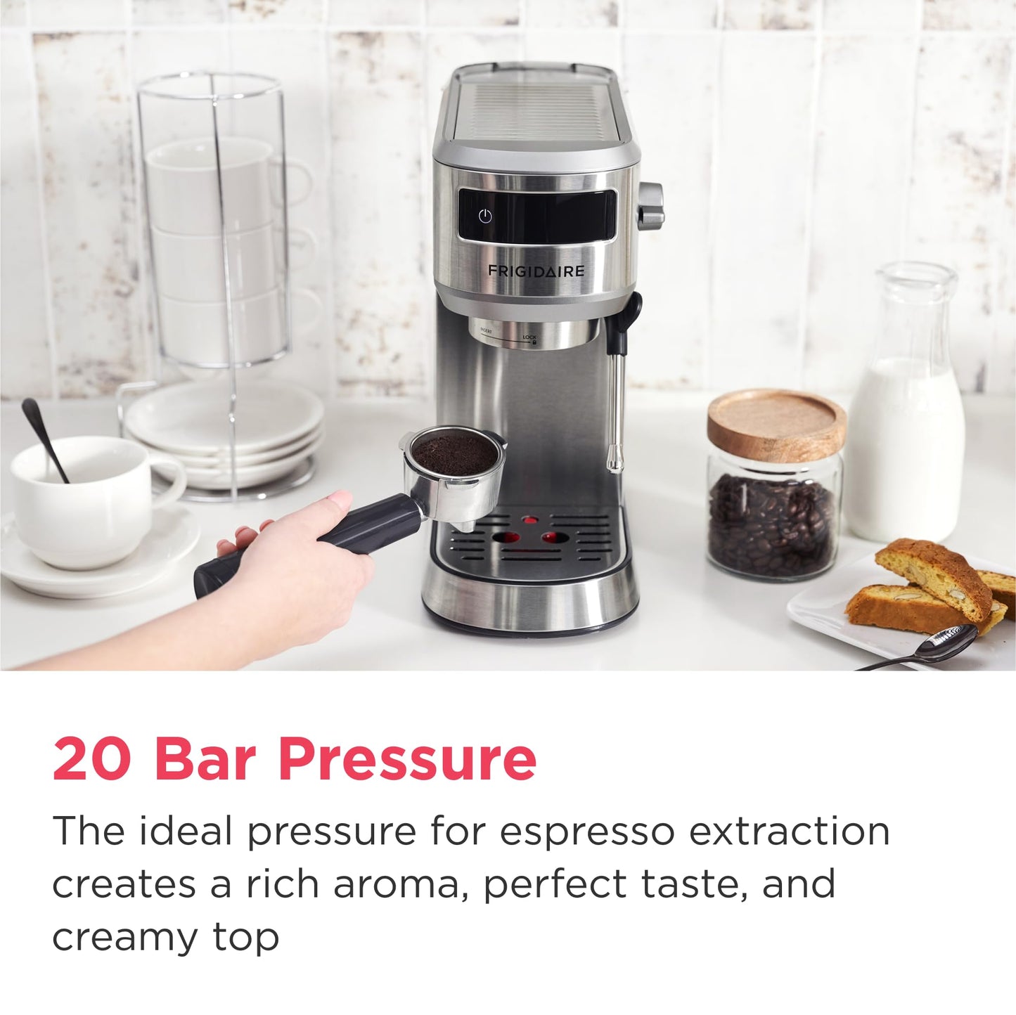 Frigidaire Steam Espresso Maker, Coffee Machine with Milk Frother & Cup Warmer, 20 Bar Pressure, 34 oz Removable Water Tank, Single or Double Shot, Stainless Steel