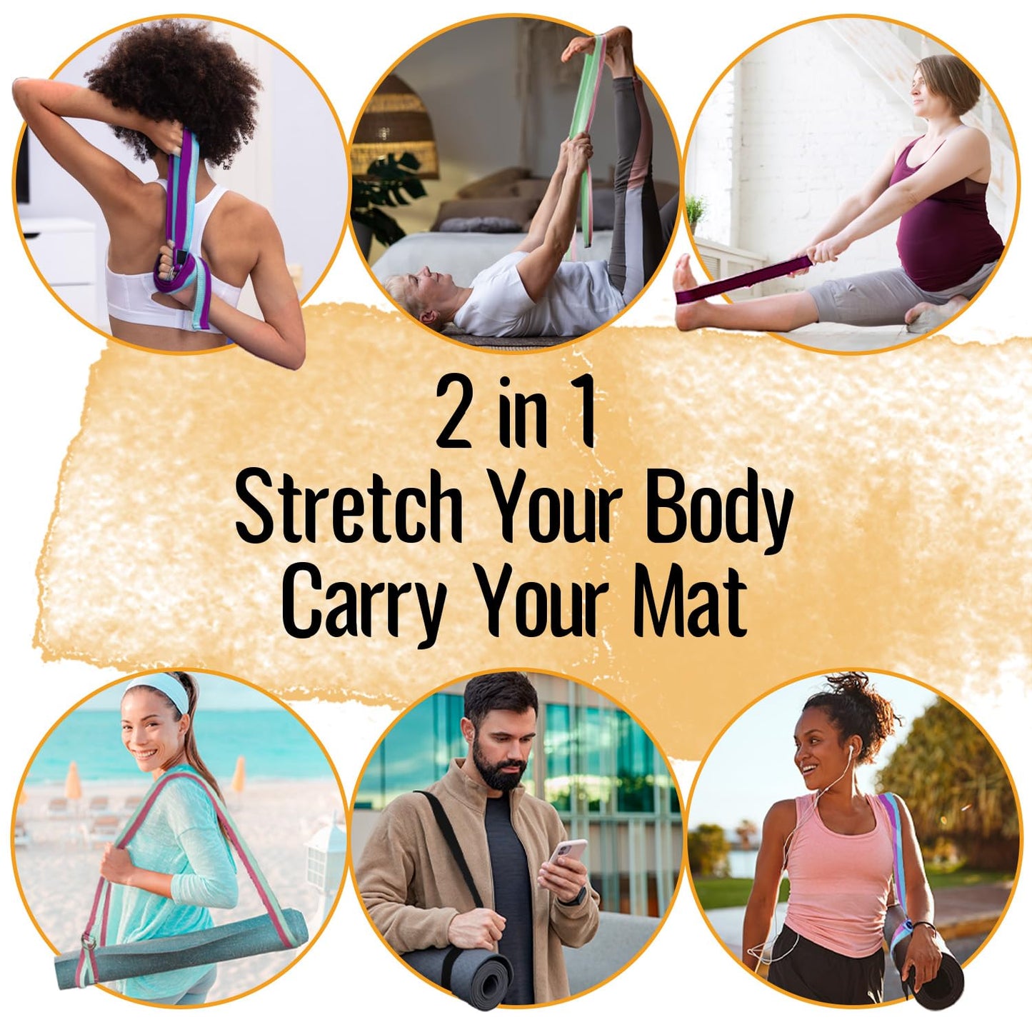 TECEUM Yoga Strap & Mat Strap – 2 in 1 – Cotton – 6 ft 8 ft 10 ft (30+ Colors) – Adjustable Non-Slip Belt for Yoga, Pilates, Stretching, Physical Therapy, Fitness & Home Workout – for Carrying Mats