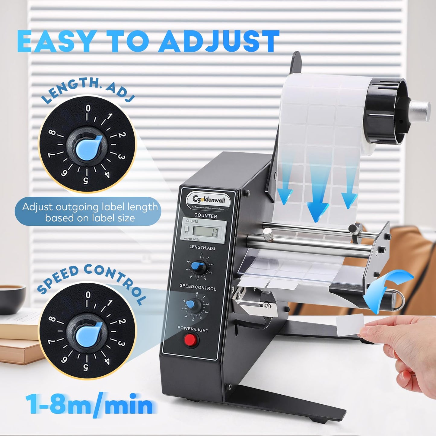 CGOLDENWALL Automatic Label Dispenser Sticker Roll Dispenser for Logistics Office Home, 1-8m/min Speed Adjustable, Length 0.12-5.9" Width 0.16-5.5", Auto Sensing&Counting, Max Roll Dia. 9.8"