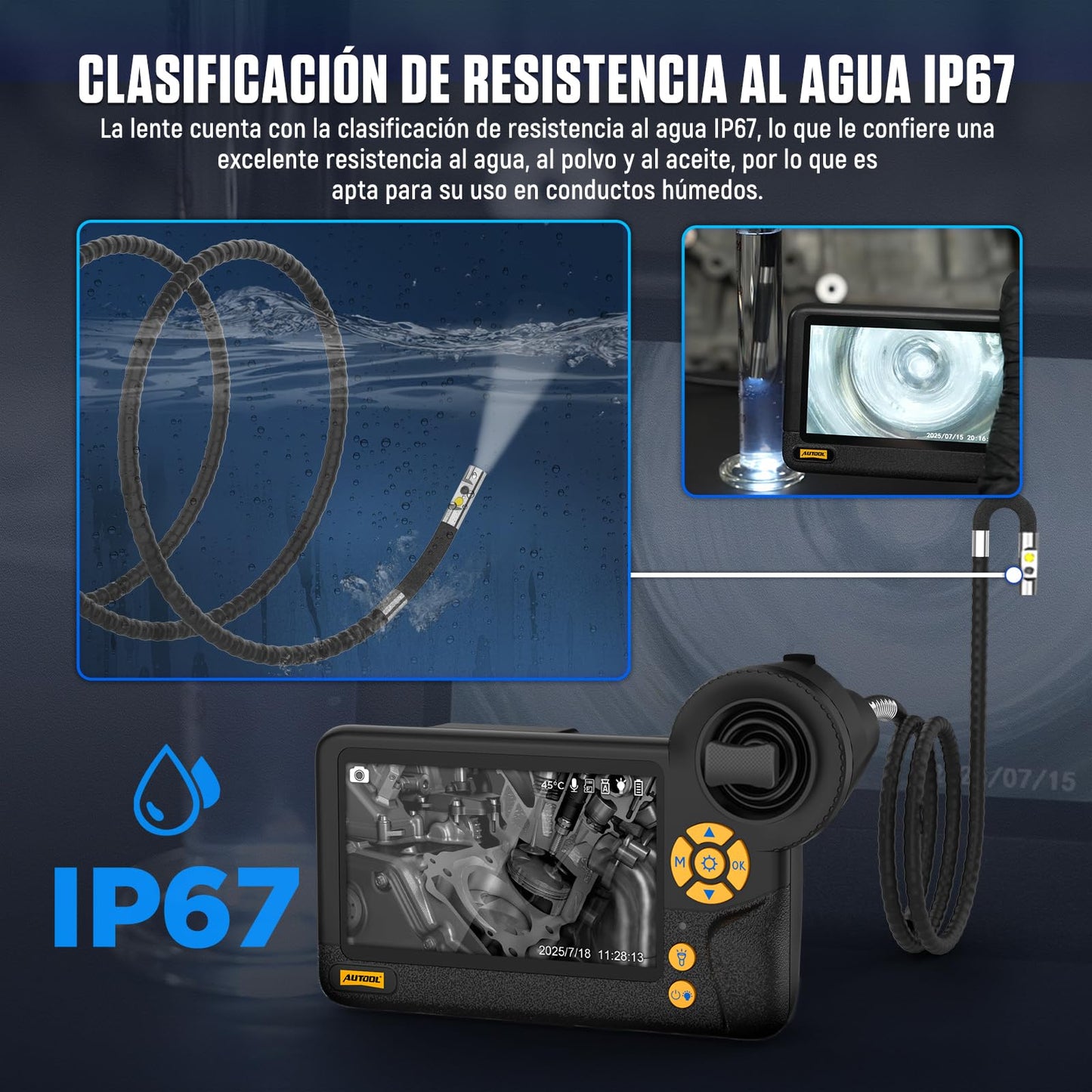 AUTOOL Dual Lens Borescope, 4.3” IPS Screen HD Inspection Camera, 0.25inch Endoscope 3FT Semi-Rigid Cable, 210° Articulation, 6 LED Lights, IP67 Waterproof, 32GB SD Card