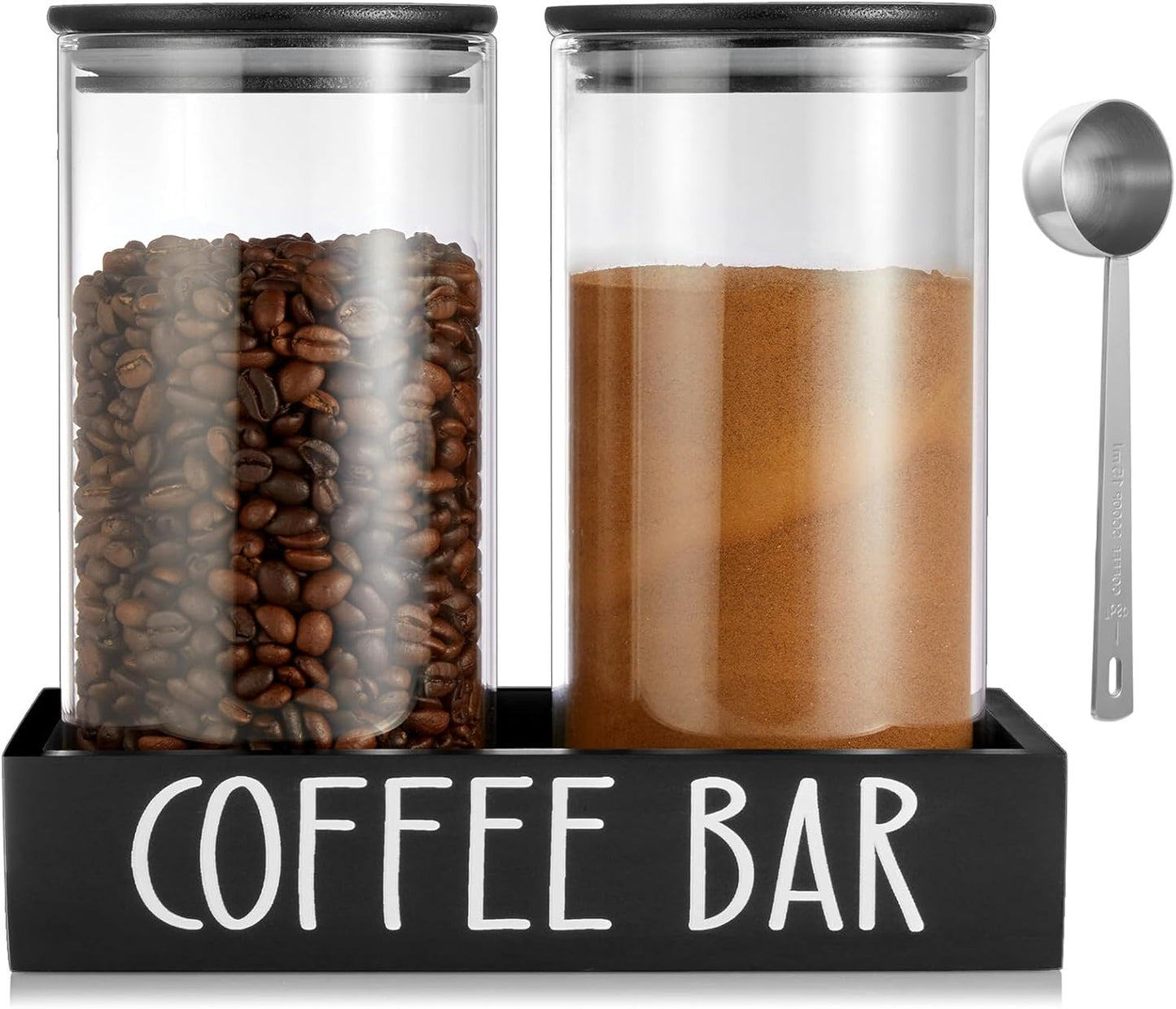 Skiennix Glass Coffee Canister Set - 2Pcs 45oz Airtight Containers with Bamboo Lids & Black Tray | Stylish Coffee Storage Jars for Home Decor