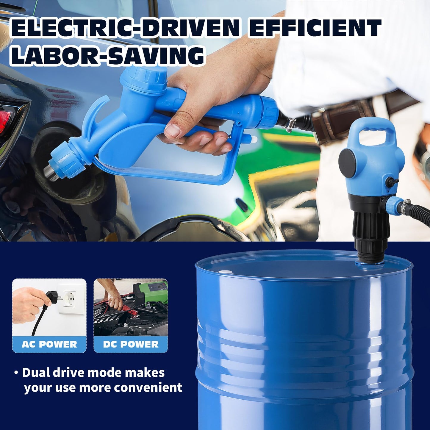 Electric Drum Pump with120V AC/12V DC Power, 55 Gallon Drum Pump Electric, Built-in 2-Inch Bung Adapter, 5 GPM Flow Rate,Telescoping Suction Tube 34" to 49" Suitable for Diesel, DEF, Water, Antifreeze