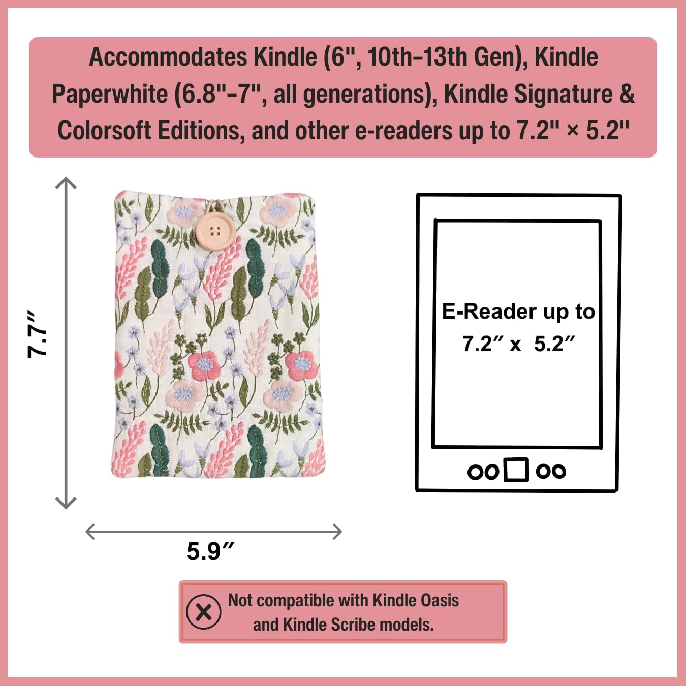 Zosiana Designs (6''), (6.8'') (7''), Embroidered Floral E-Reader Sleeve - Compatible with Kindle Paperwhite/Basic