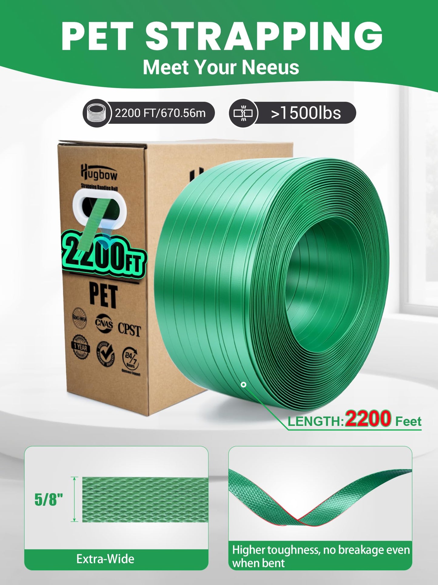 Hugbow Banding Strapping Kit, Heavy Duty Pallet Packaging Kit with >1500lbs 5/8" x 2200' PET Strapping Roll, 700 Metal Seals, 200 Corner Protectors, Strapping Tensioner, Banding Sealer Tool