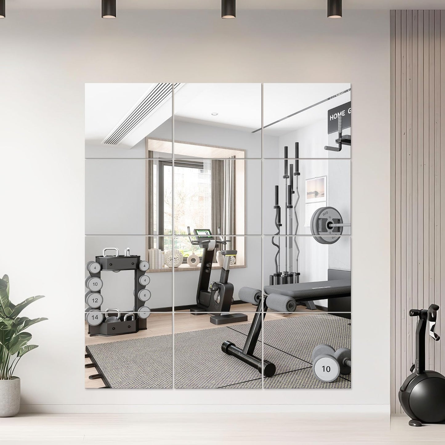WRSION 12PCS 14"x12" Home Gym Mirror, Wall Mirrors Decorative Shatterproof Self Adhesive Glass Mirror Tiles for Gym, Bedroom, Bathroom, Living Room