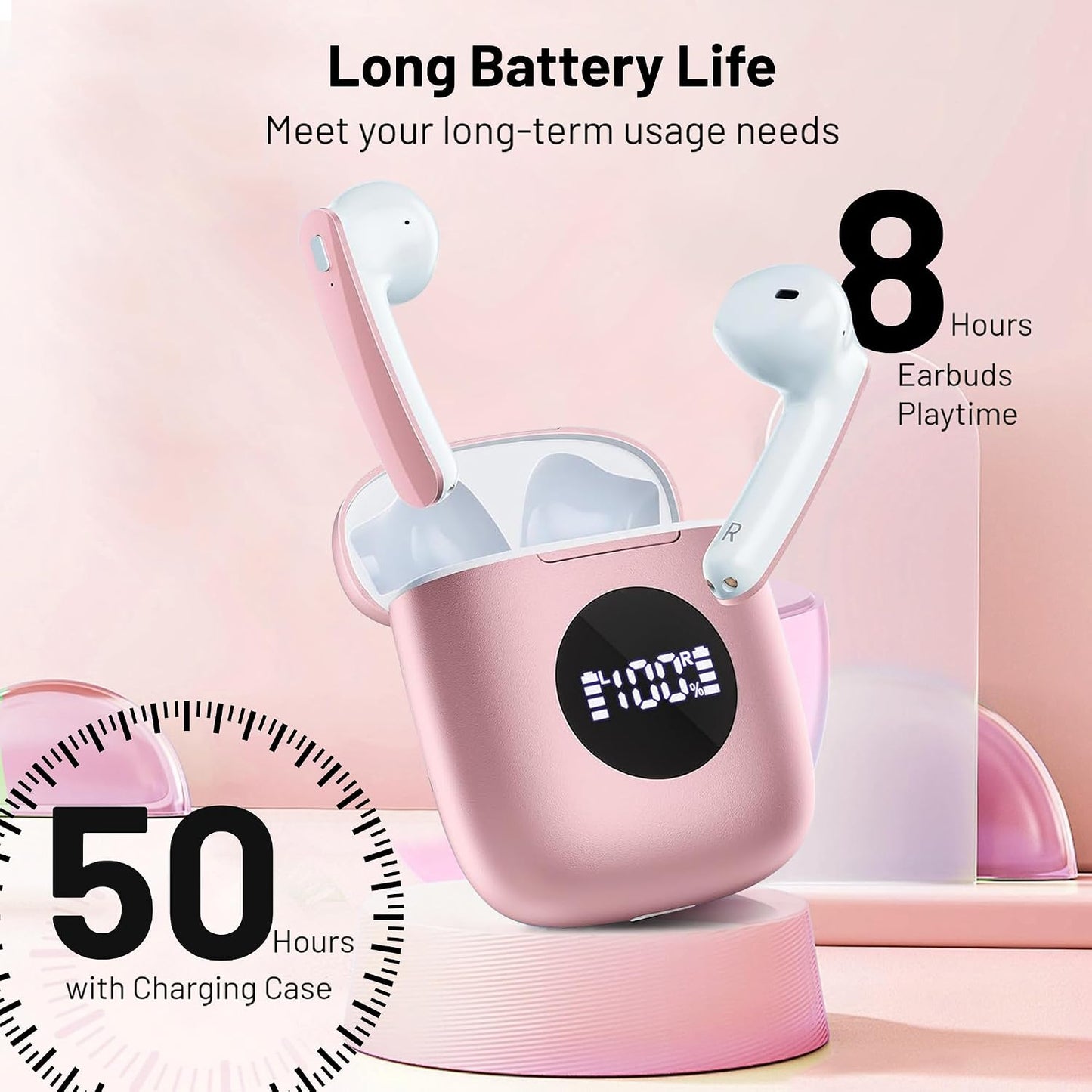 50H IPX7 Wireless Earbuds, Bluetooth Headphones with HiFi Stereo Noise Cancelling Mic, USB-C Charging Case, Playtime