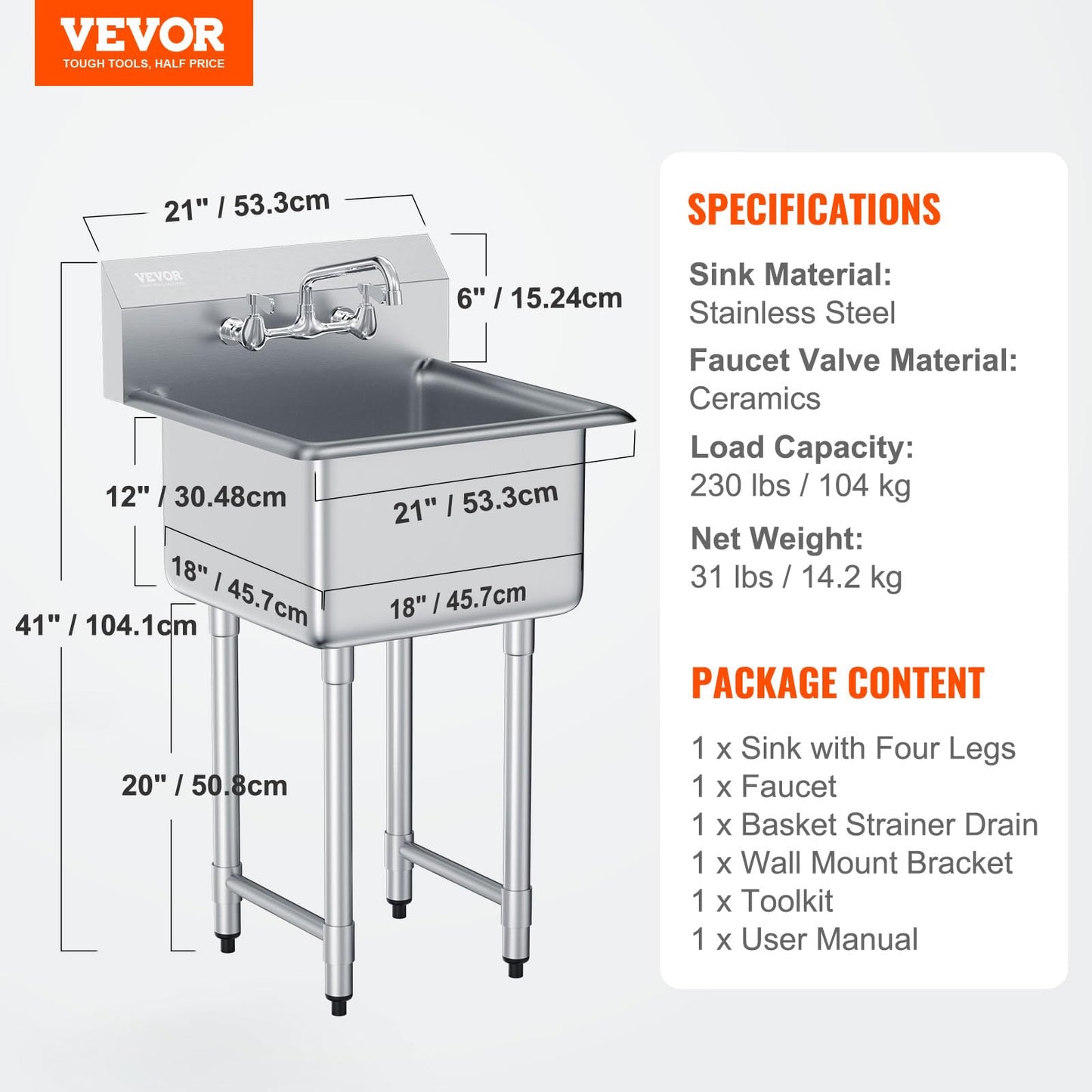VEVOR Stainless Steel Prep & Utility Sink, 1 Compartment Free Standing Small Sink Include Faucet & legs, 21"x18" Commercial Single Bowl Sinks for Garage, Restaurant, Kitchen, Laundry