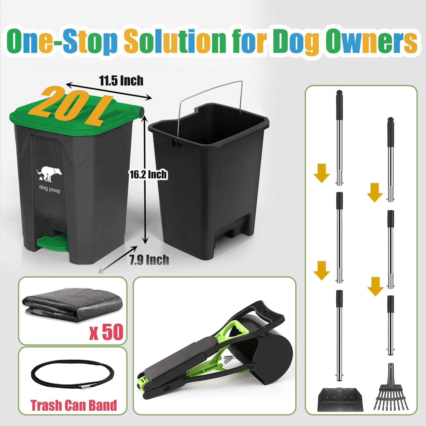 6Pack - Large Dog Pooper Scooper for yard - 20L Step Dog Poop Trash Can Outside - Pet Waste Container Outdoor with Removable Inner Bin - 28" Pooper Scooper & Long Handle Metal Tray&Rake & 50 Waste Bag