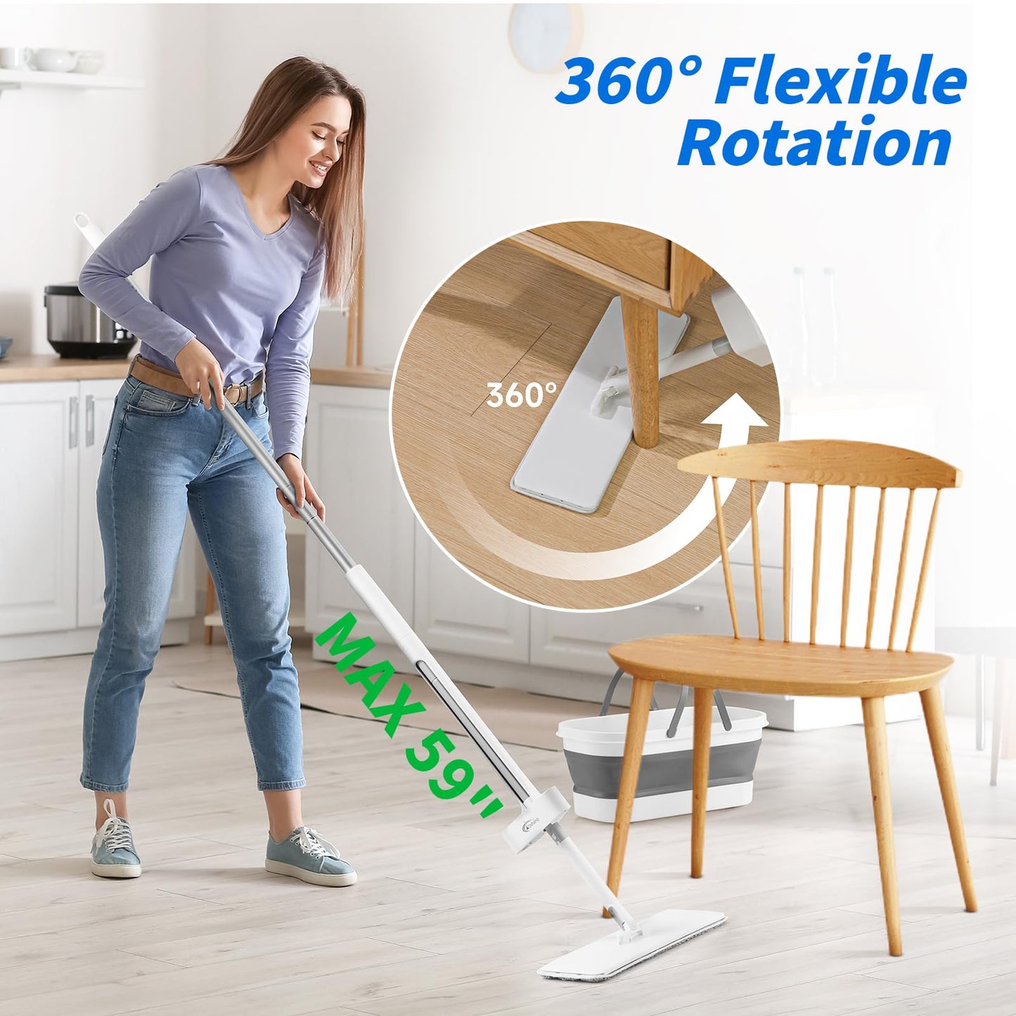 Oshang Flat Mop and Collapsible Bucket OG7 with Wheels, 2 Washable Reusable Microfiber Pads, Pure White