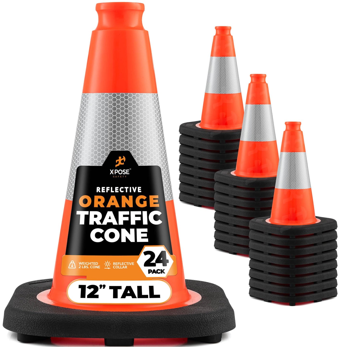 Xpose Safety 12 Inch Orange Traffic Cones with 4" Collar - 24 Pack Multipurpose PVC Plastic Safety Cone for Parking, Soccer, Caution, Kids and Construction - DOT Approved