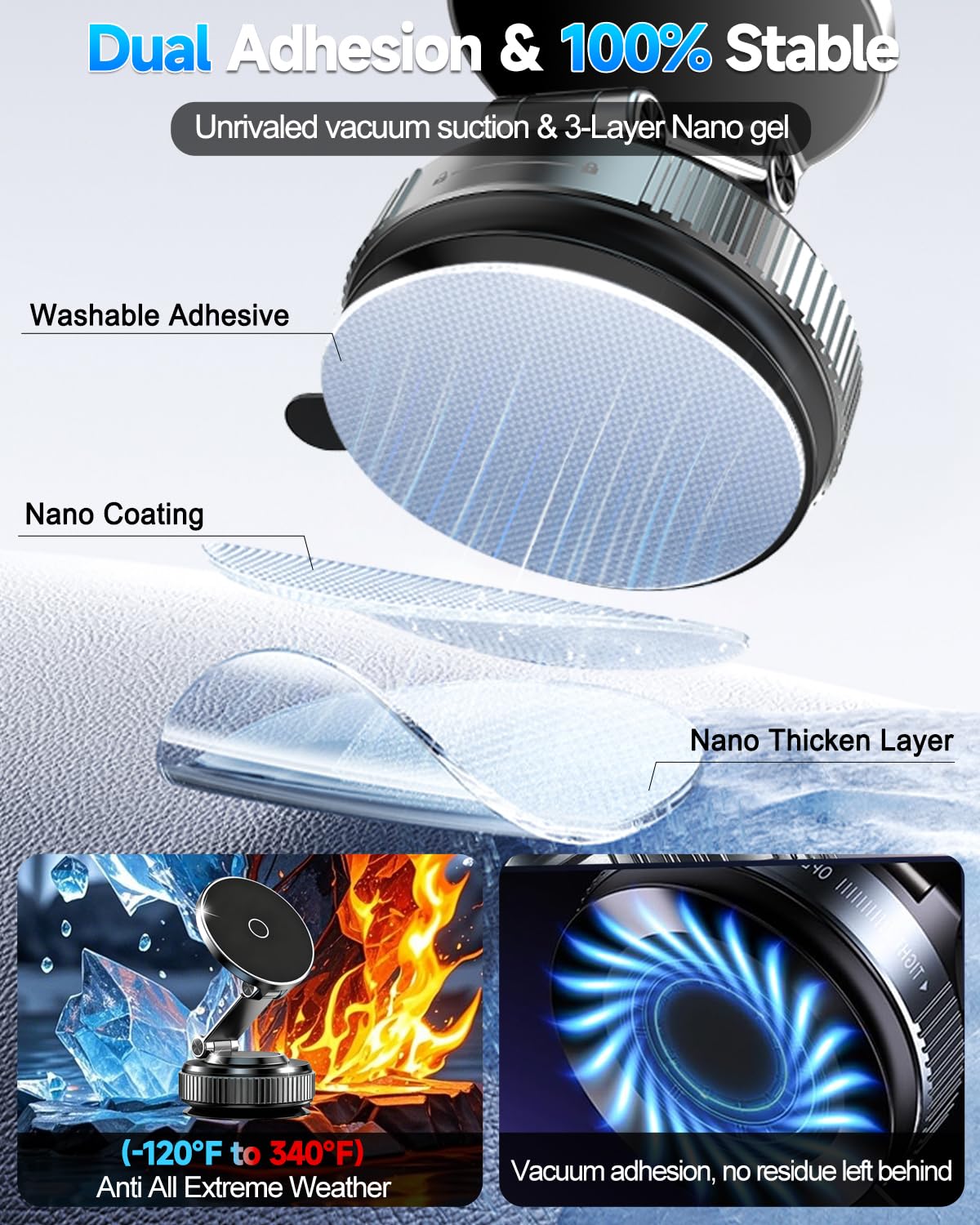 Vacuum Magnetic Car Phone Holder 360° Strongest 120LBS Ultra Suction Cup Phone Mount for MagSafe Dashboard Cell Phone Holders for Your Car/Gym/Mirror Bracket for iPhone 17 & Android, Metal Stand Rotor