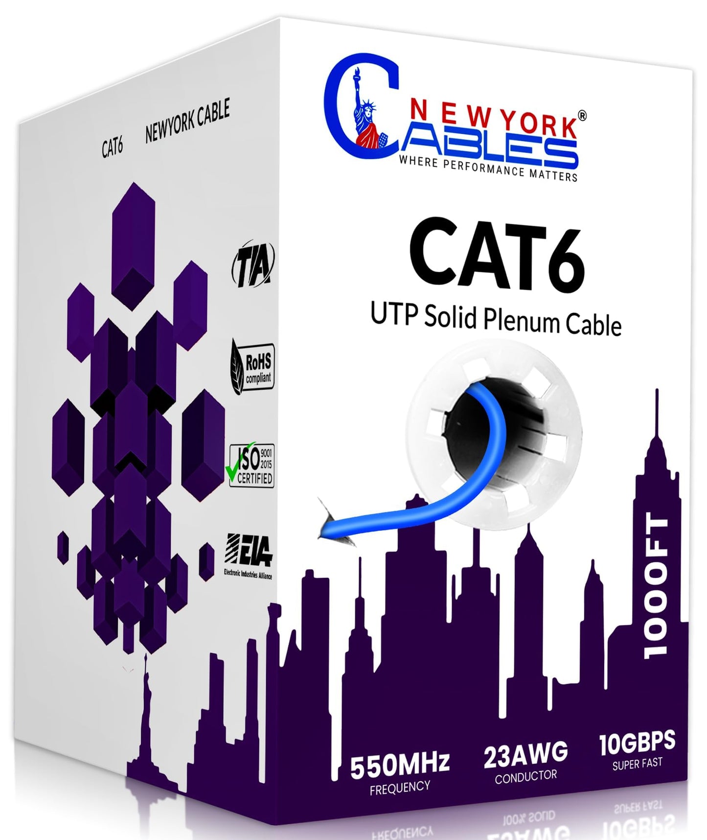 Newyork Cables | CAT6 Plenum Cable 1000ft | 23AWG, UTP 4Pairs, 550MHz 10Gbps Most Certified (CMP) Rated | Fire-Retardant Jacket | Bulk Cat 6 Ethernet Cable for Networking (Solid Conductor, Blue)