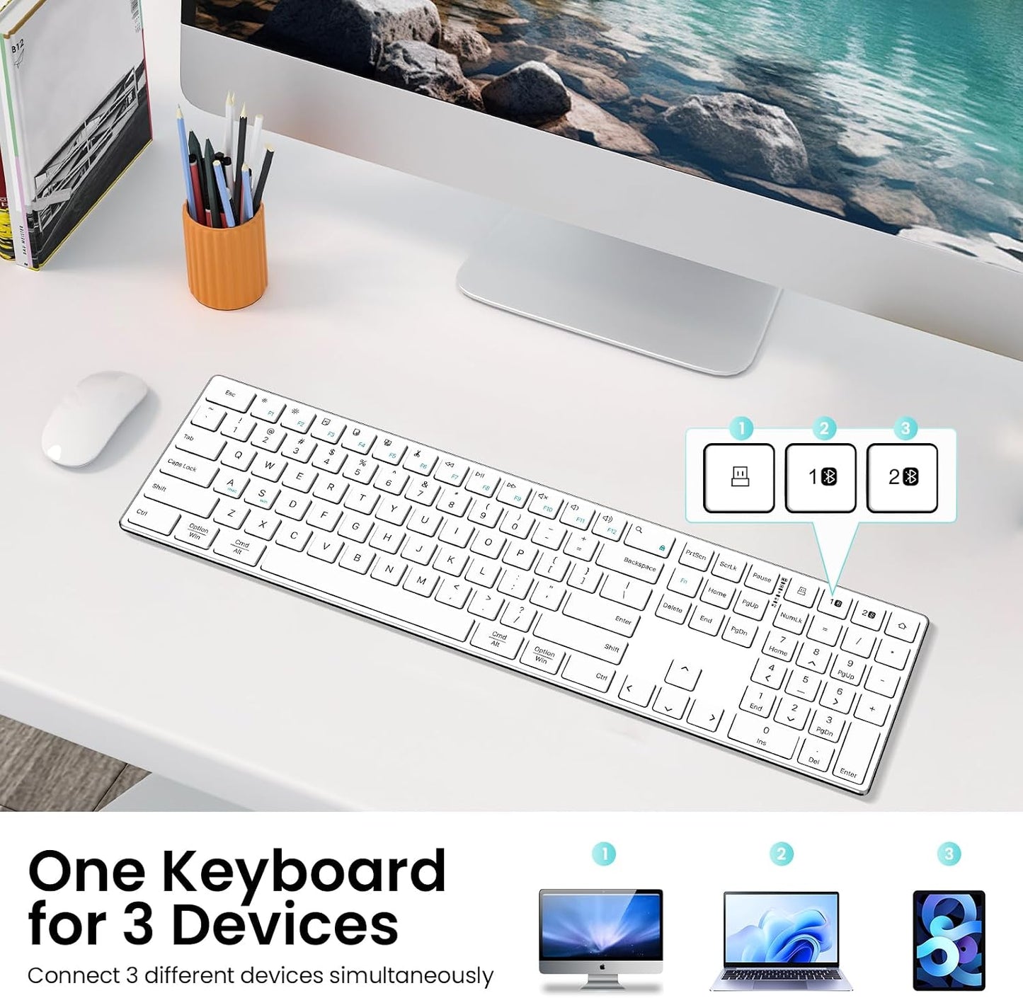 TIETI 2.4G Wireless Bluetooth Keyboard Rechargeable, Stainless Steel Ultra Slim Full Size Keyboard with Numeric Keypad