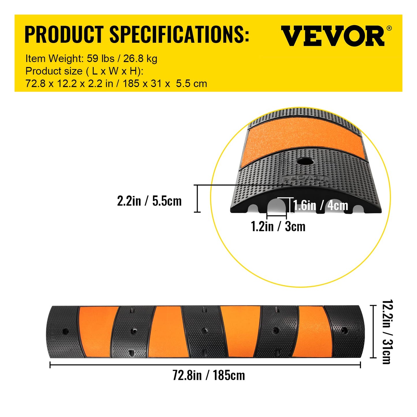 VEVOR Rubber Speed Bump (2 Pack) - 6 FT Heavy Duty 22,000 lbs Capacity for Road & Driveway, 72.8" x 12.2" x 2.2" Modular Traffic Hump, 2 Channel Floor Cord Cover for Asphalt, Concrete, Gravel