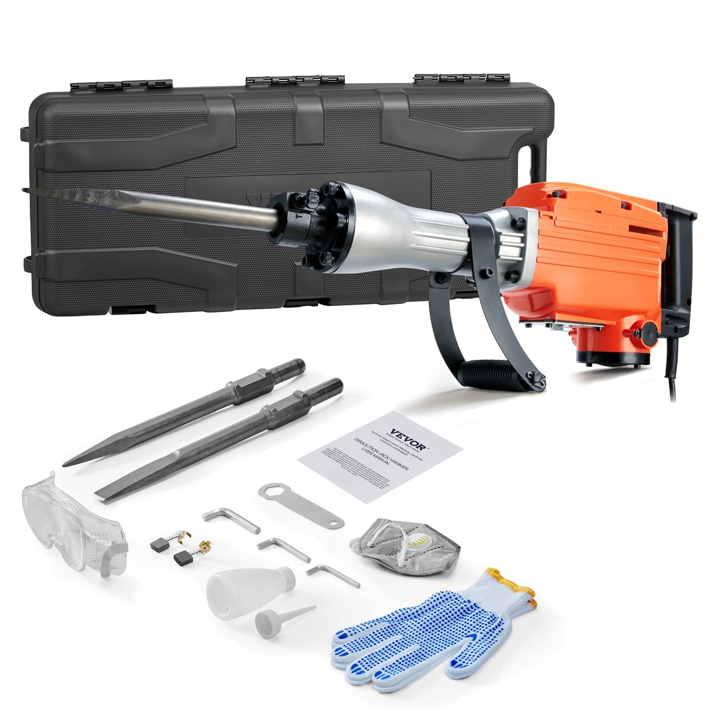 VEVOR Demolition Jack Hammer, MAX 2200W Electric Jackhammer Heavy Duty, 1350 BPM Concrete Breaker 2pcs Chisels Bit Chipping W/Case