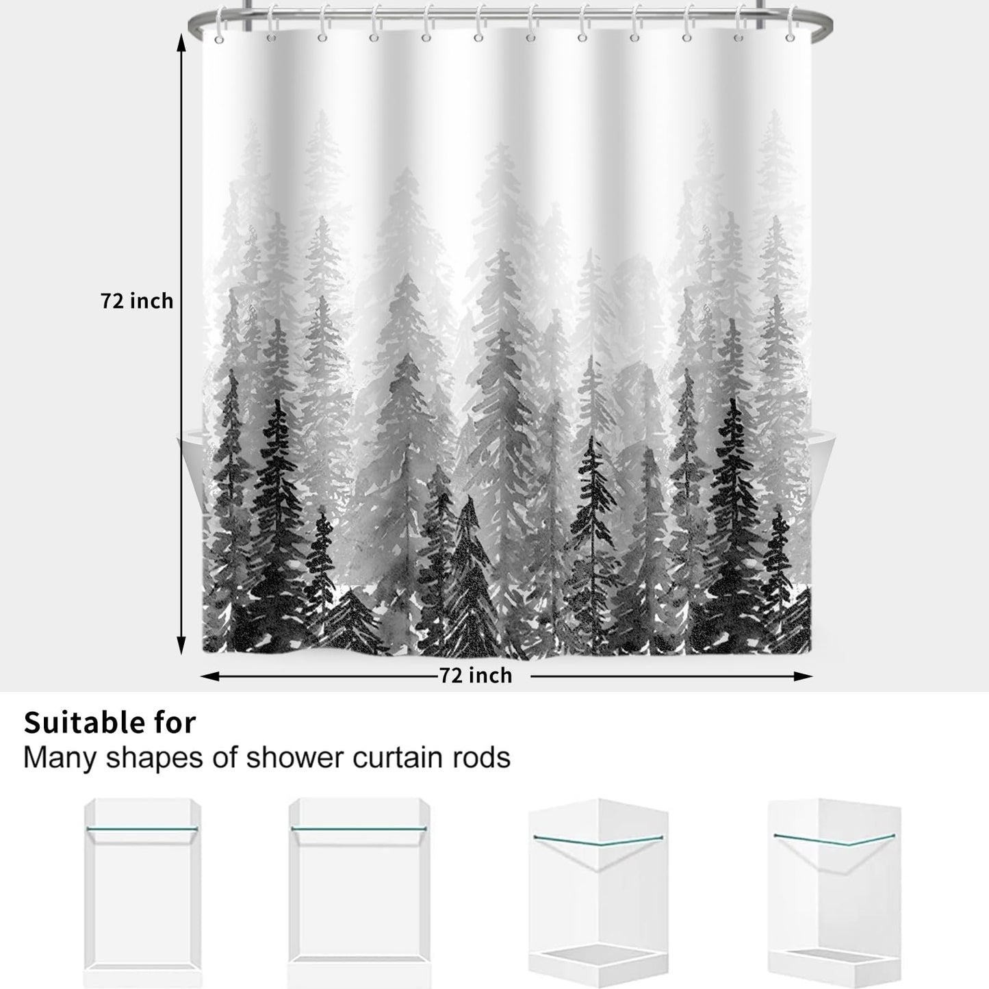 RiePoiia Black and White Misty Forest Shower Curtain for Bathroom,Waterproof Fabric Bathroom Curtains Washable Nature Pine Tree Fog Shower Curtain Set with 12 Pcs Hooks, 72x72 Inch