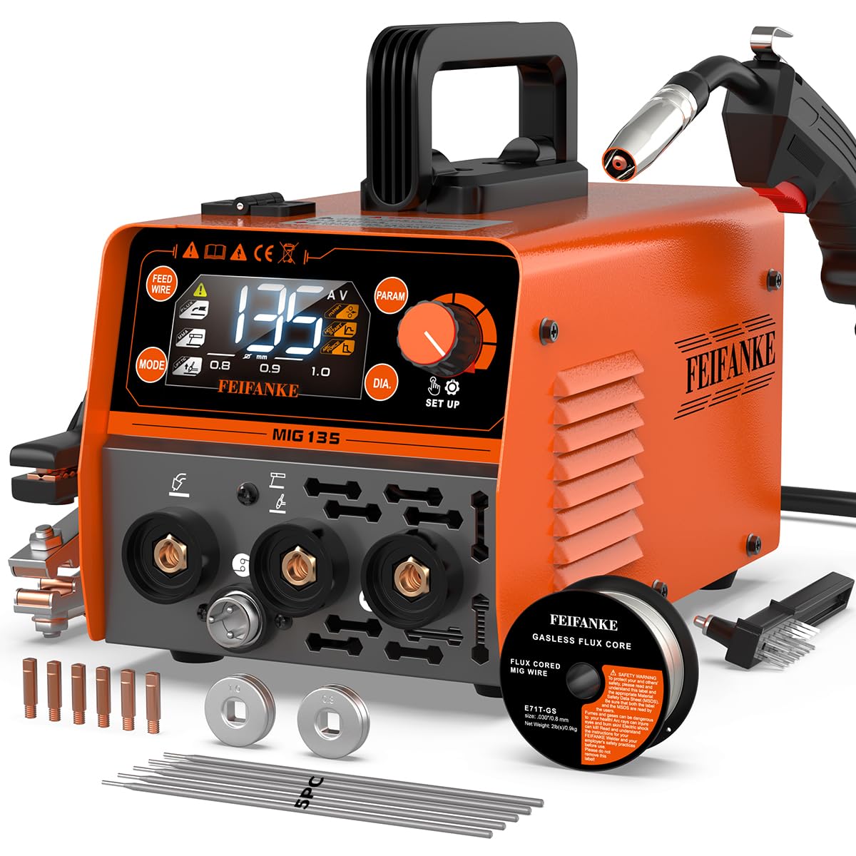 FEIFANKE 135A Flux Core MIG Welder 110V, 4-in-1 Synergic Gasless MIG/Stainless Flux MIG/Stick/Lift TIG for Sheet Metal, Portable IGBT Inverter with Large LED Display for Beginners & Professionals