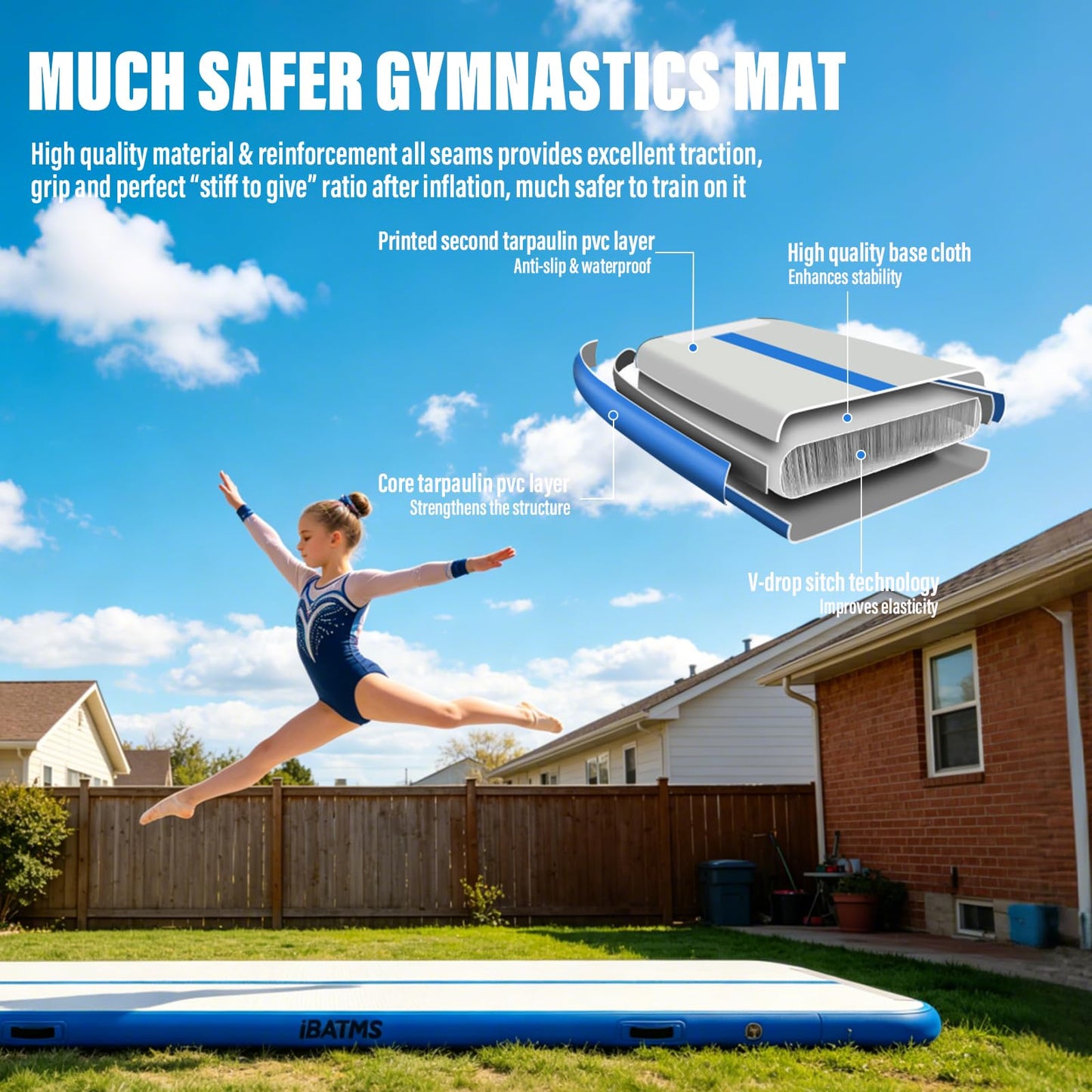 IBATMS Air Track Tumbling Mat 10ft 13ft 16ft 20ft, Inflatable Gymnastics Mat, Tumble Track with Electric Air Pump for Outdoor Indoor Home Gym Cheerleading Training