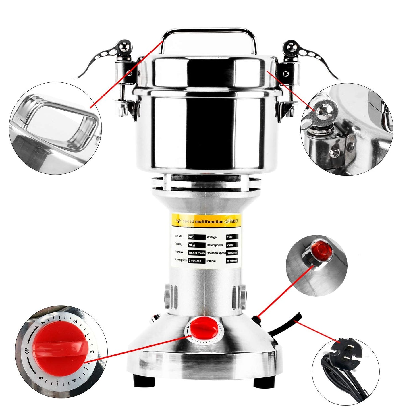 DasMarine 500g High Speed Electric Grain Mill Grinder - Commercial Stainless Steel Spice Grinder with 2500W Motor, 50-300 Mesh, 36000RPM - Ideal for Kitchen Herb, Spice, and Pepper Grinding (500g)