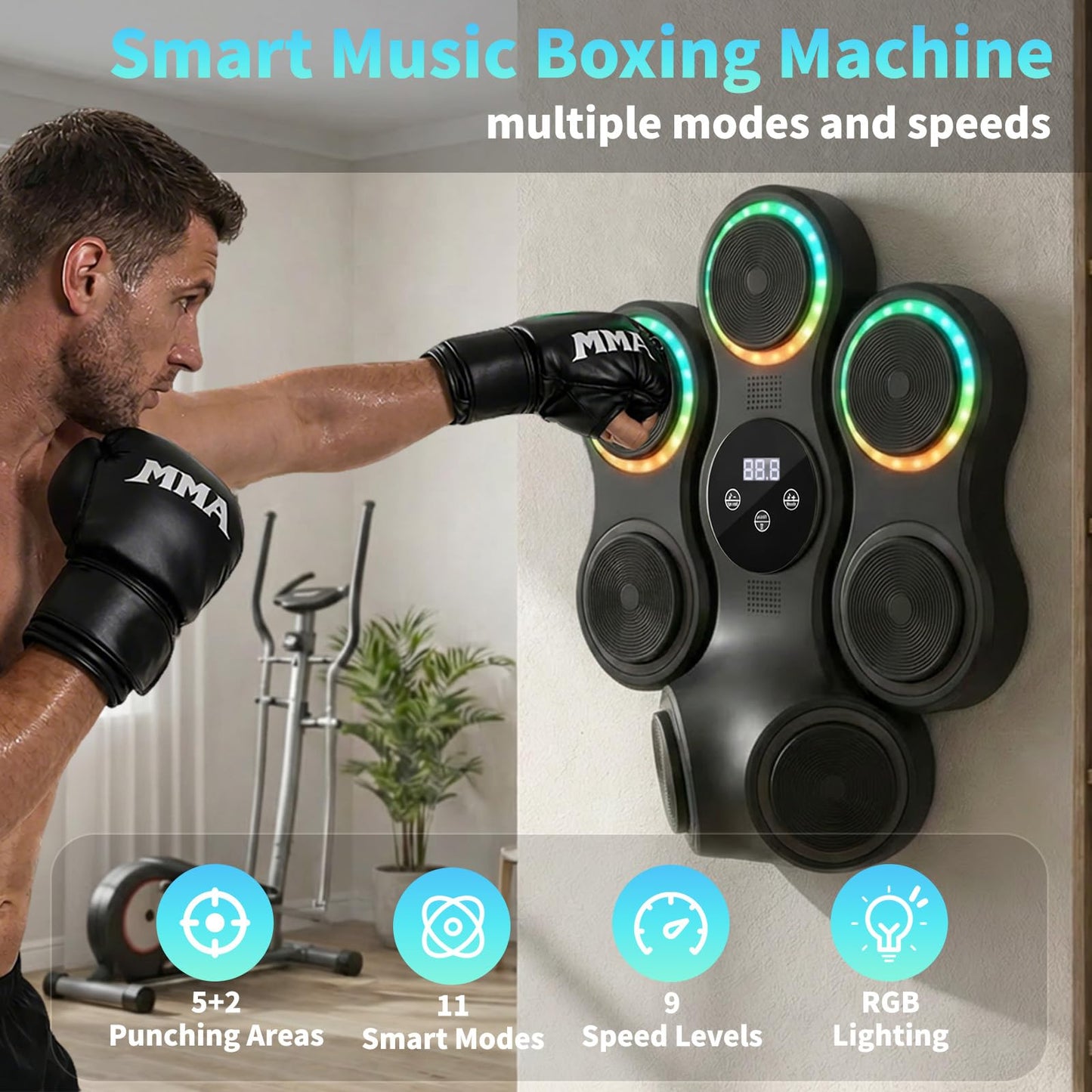 Strenellea Music Boxing Machine for Adults, Music Punching Machine with Gloves, Interactive Wall Mounted Electronic Boxing Target with 11 Modes & 9 Speeds, Gift for Men and Kid (RGB Light)