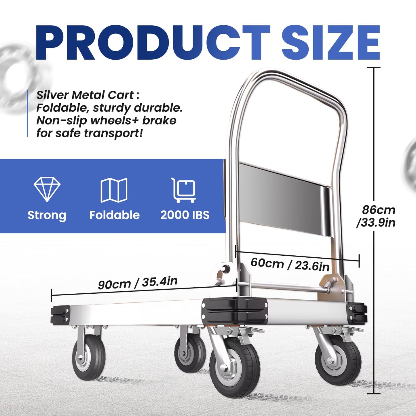 Heavy Duty Platform Truck with 6-Inch Brake Silent Wheels, Foldable Push Cart with Detachable Steel Wire Fence, Flat Hand Trucks for Gardens, Warehouses, Workshops (35.4 * 23.6 * 33.9in)