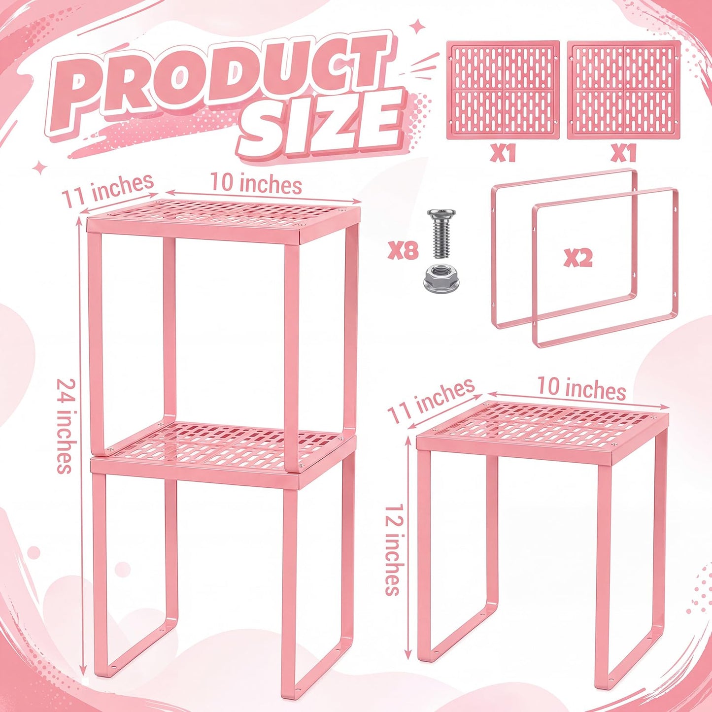 Colarr 2 Pcs Locker Organizer Shelf Stackable 2-Tier Shelves Fits Standard Size School Lockers Heavy Duty Metal Locker Shelf for School Office Gym Lockers Home Storage 11x 10 x 12 Inch(Pink)