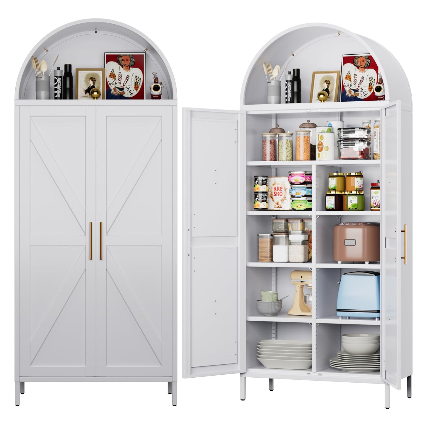 JAORD Arched Kitchen Pantry Cabinet with 6 Adjustable Shelves, Metal White Arched Cabinet with 2 Doors for Kitchen,Living Room, Assemble Required,15.4" D x 30.7" W x 72.8" H