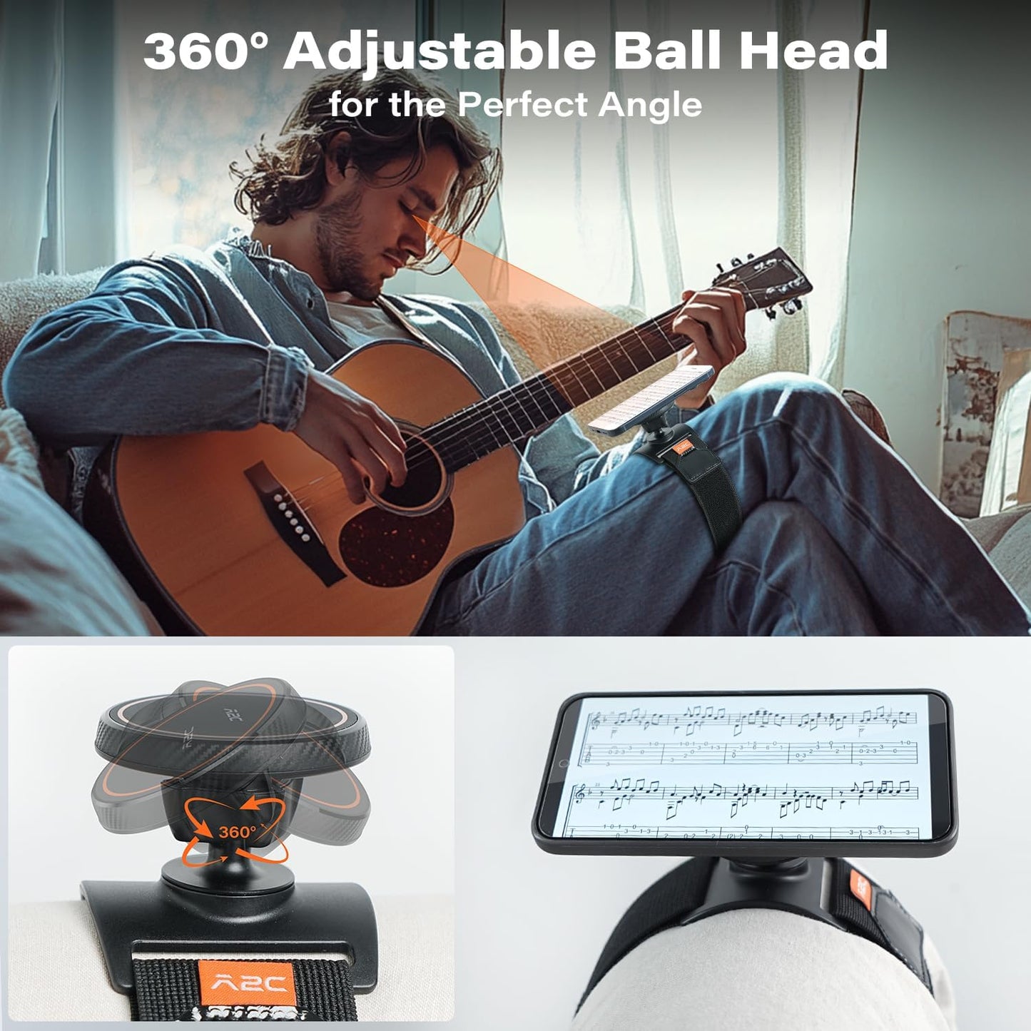 A2C 360 Magnetic Guitar Phone Holder Mount with Adjustable Elastic Strap | Rotatable Ball Head | Guitar Accessory Gift