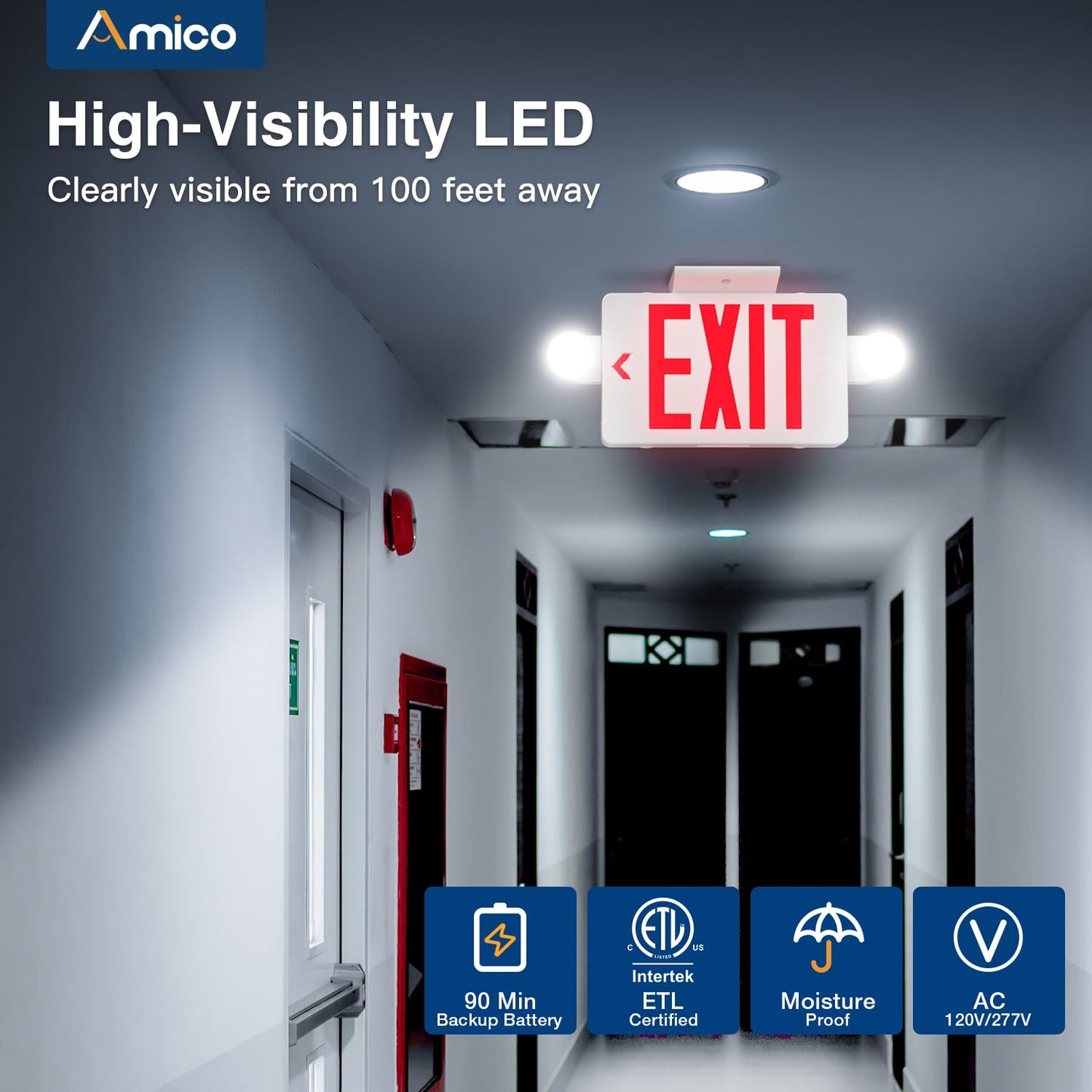 Amico 12 Pack Red Exit Signs with Emergency Lights, Commercial Grade, 94V-0 Fire Resistant Housing, Two LED Adjustable Head, Emergency Exit Sign with Lights Battery Backup, ETL Certified, AC 120/277V
