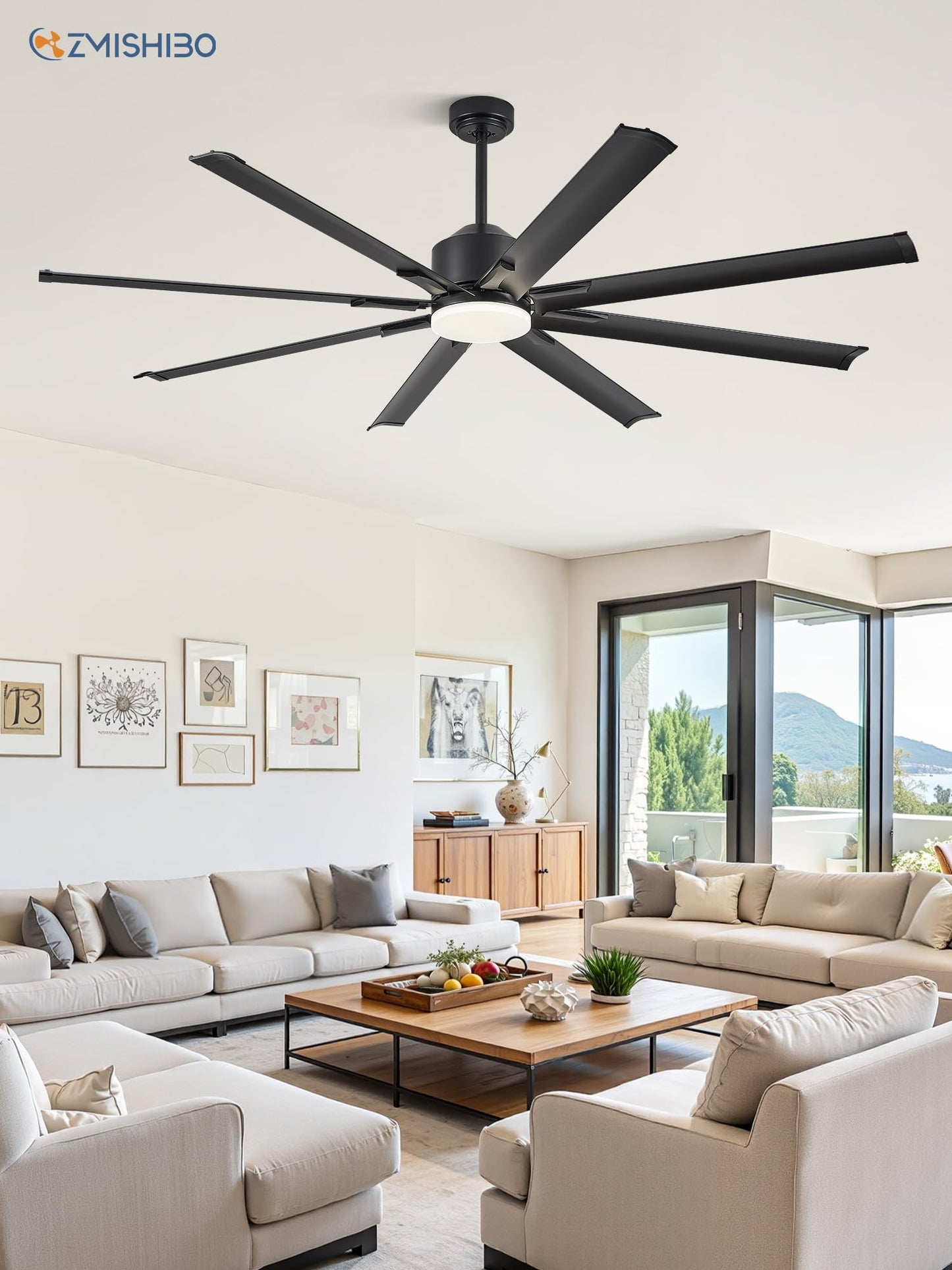 72 Inch Smart Ceiling Fan with Light and Remote via WIFI Alexa, Industrial Ceiling Fan with 8 Black Aluminum Blades, 3000-6000K Dimmable, 6 Speeds, Indoor Outdoor Ceiling Fans for Patio Living Room