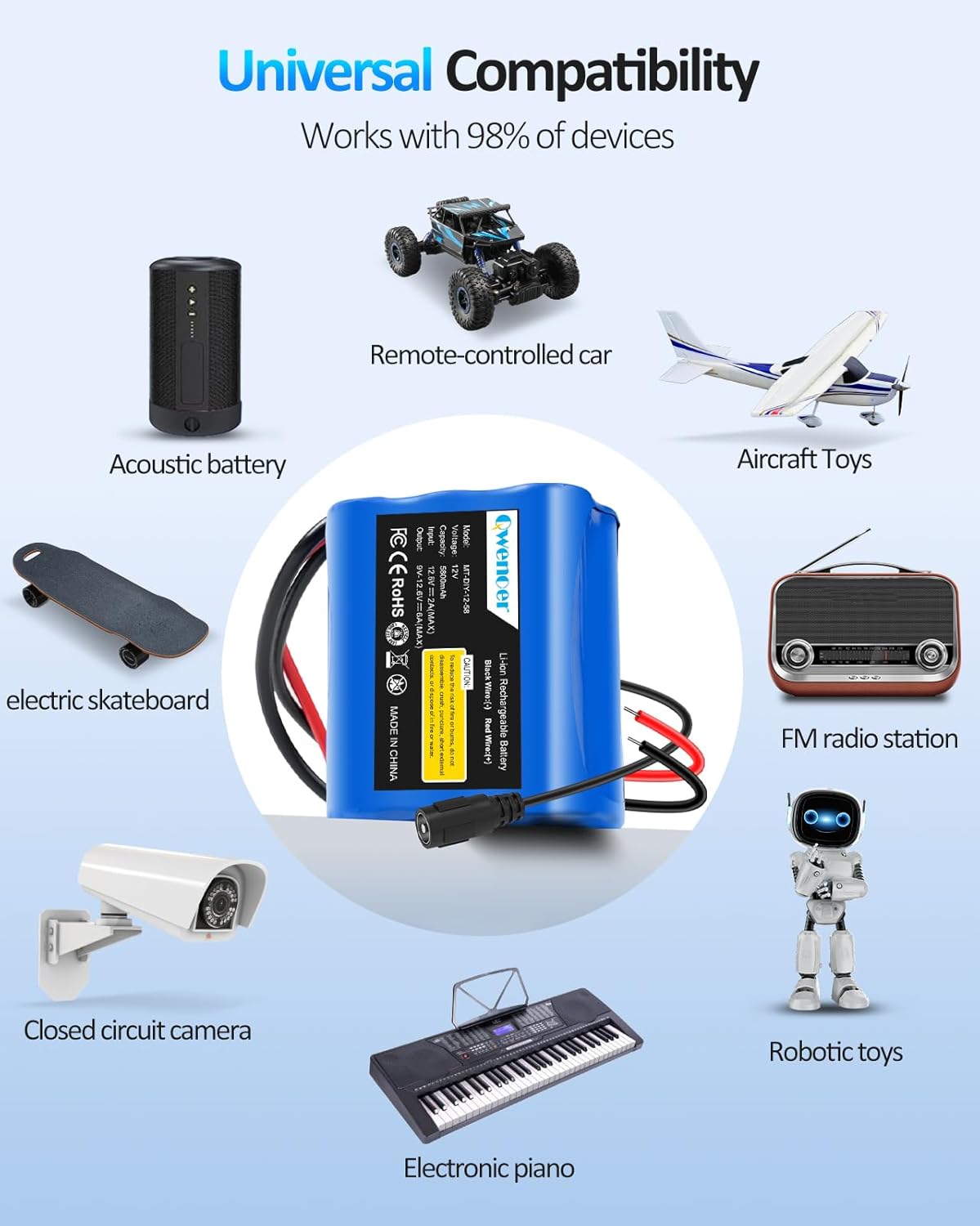 Qwenoer 5800mAh 12V 12V Pack 12 12Volt 12 Lithium Battery, Battery with Volt Battery Charger and Bare Leads Wire