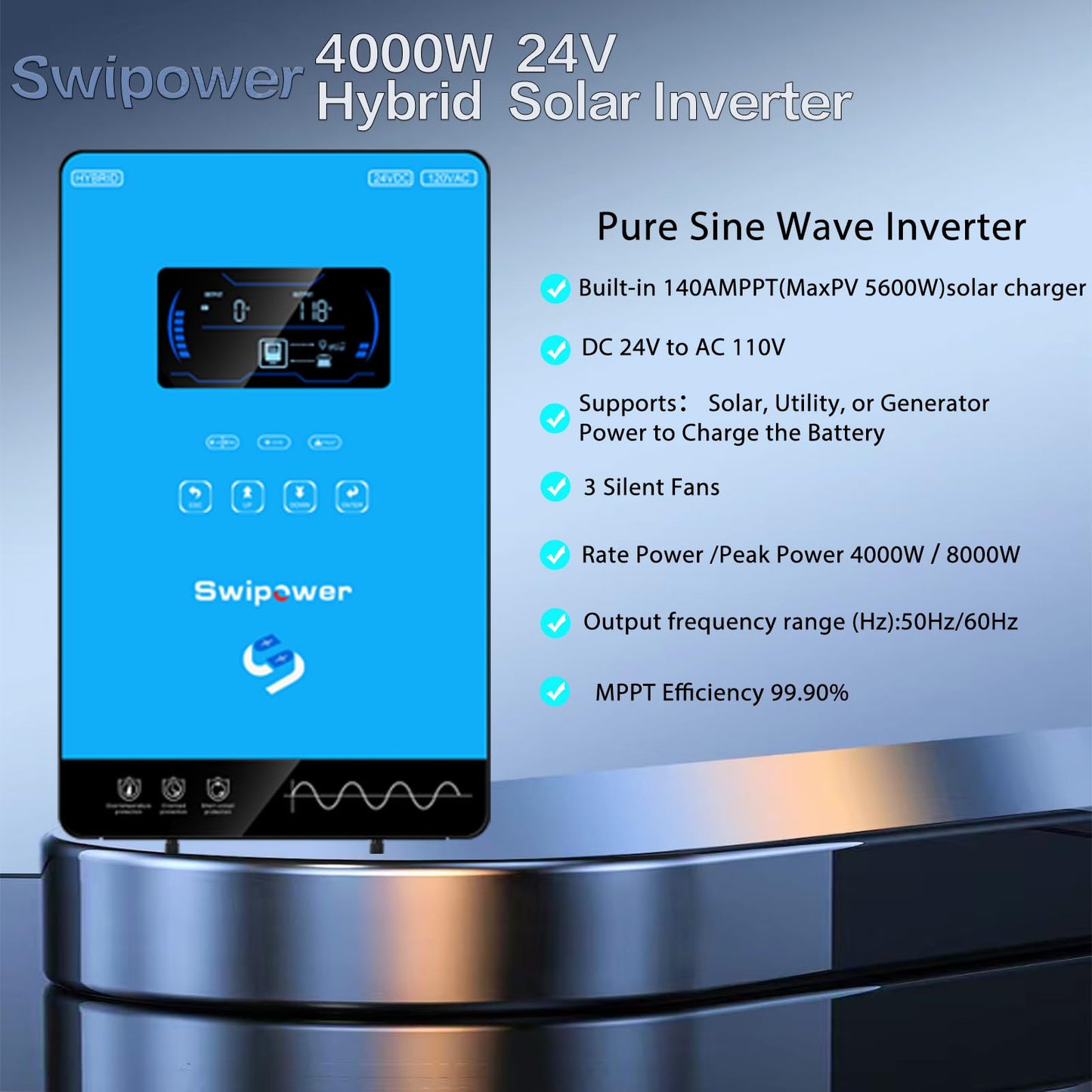 SWIPOWER 4000W Hybrid Solar Inverter 24V DC to 110V AC Pure Sine Wave, 6.25" Touch LCD with Glass Top, 140A MPPT Charge Controller, Home RV Cabin Use, Battery-Less/Lithium/AGM Compatible