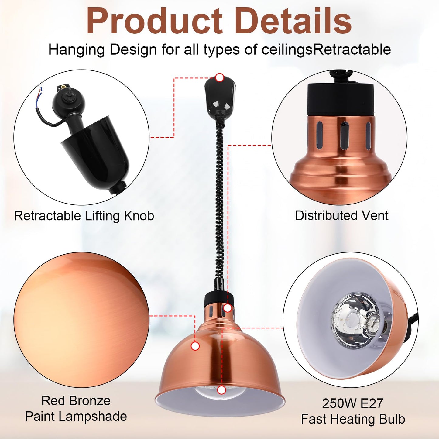 Nuanchu 2 Pack Hanging Food Heat Lamp Retractable with 250w Heating Bulb Commercial Infrared Food Service Warmer Fry Heating Light for Buffet Restaurant Kitchen Use(Copper,Dia 25cm)