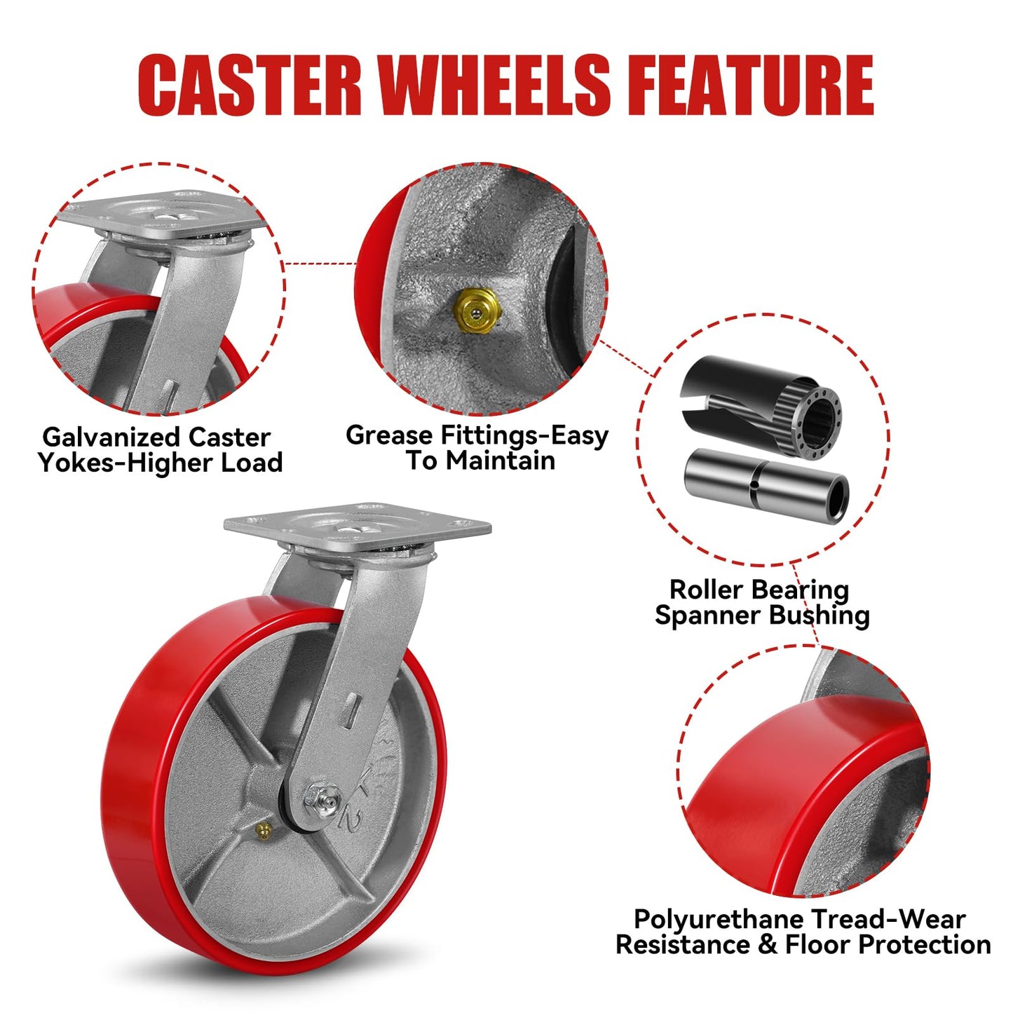LONGRUNFORU 8" X 2" Industrial Plate Swivel Caster Set of 4 Heavy Duty,Load Capacity 6000lbs, No Noise Polyurethane Caster on Steel Hub for Toolbox Workbench