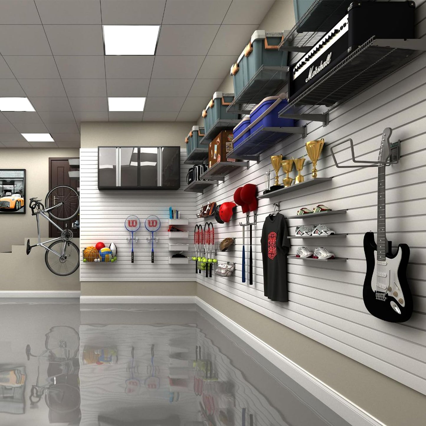 HUZJIEHUI 4'H x 4'W PVC Slatwall Panels Garage Wall Storage System, White Slat Wall Paneling Garage Organizers (Graphite, 8x4)