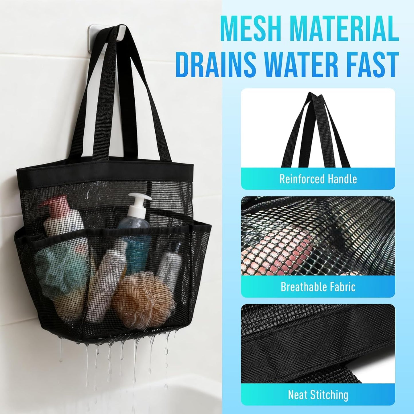 Skiennix Mesh Shower Caddy - Portable Tote Bag with 8 Pockets for Dorm, Gym, Beach & Camping - Rose Red