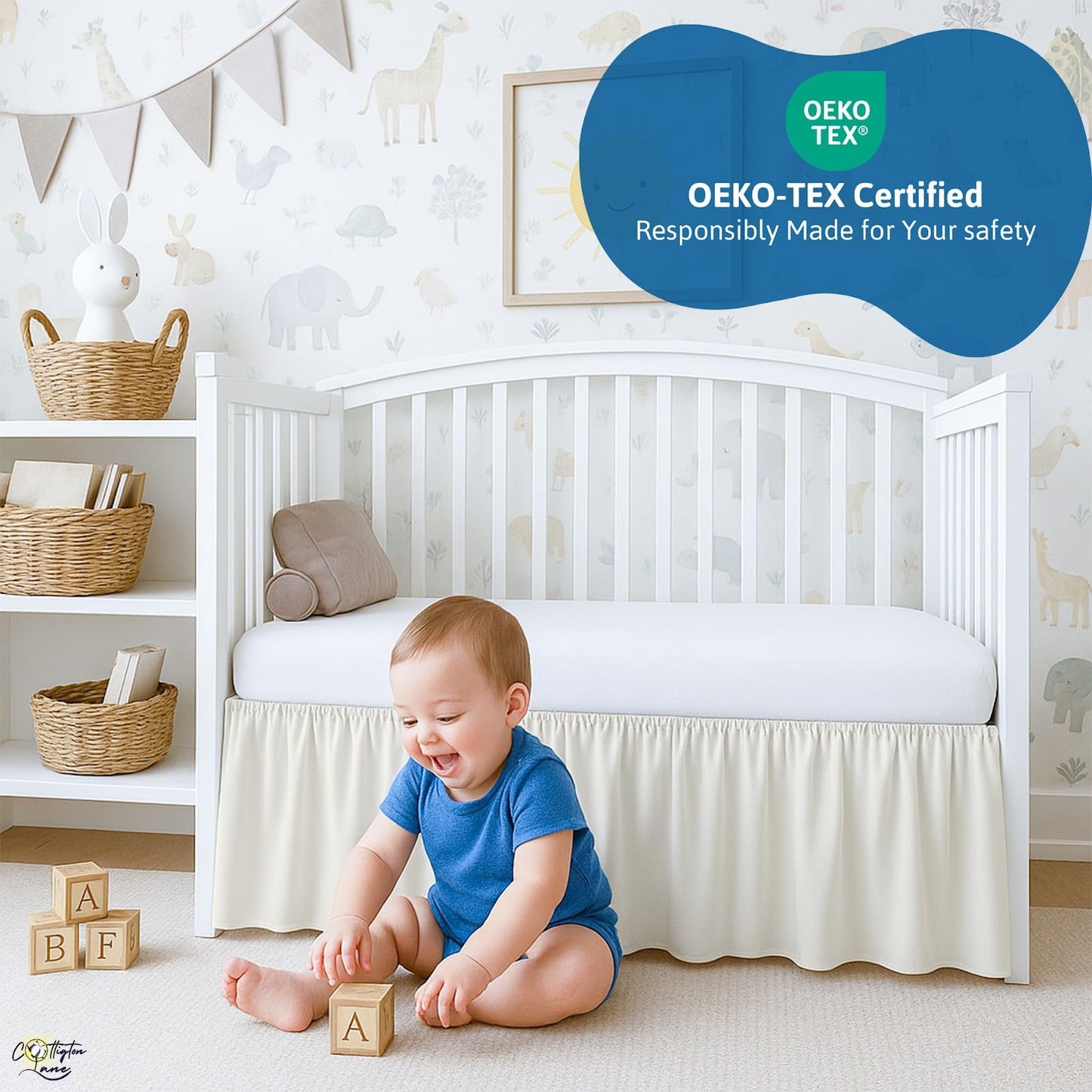 Cottington Lane Ivory Crib Skirt Dust Ruffle, Soft & Durable Nursery Crib Toddler Bedding Skirt for Baby Girls or Boys, Fits Standard Cribs 28" x 52" with 14" Drop, Classic Ruffled Design