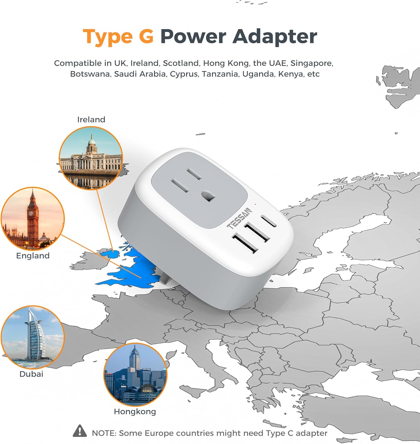 3 (1 UK Adapters for Travel, TESSAN US to UK Plug Adapter, Ireland Outlet Plug with USB Charger USB C Port), Type G