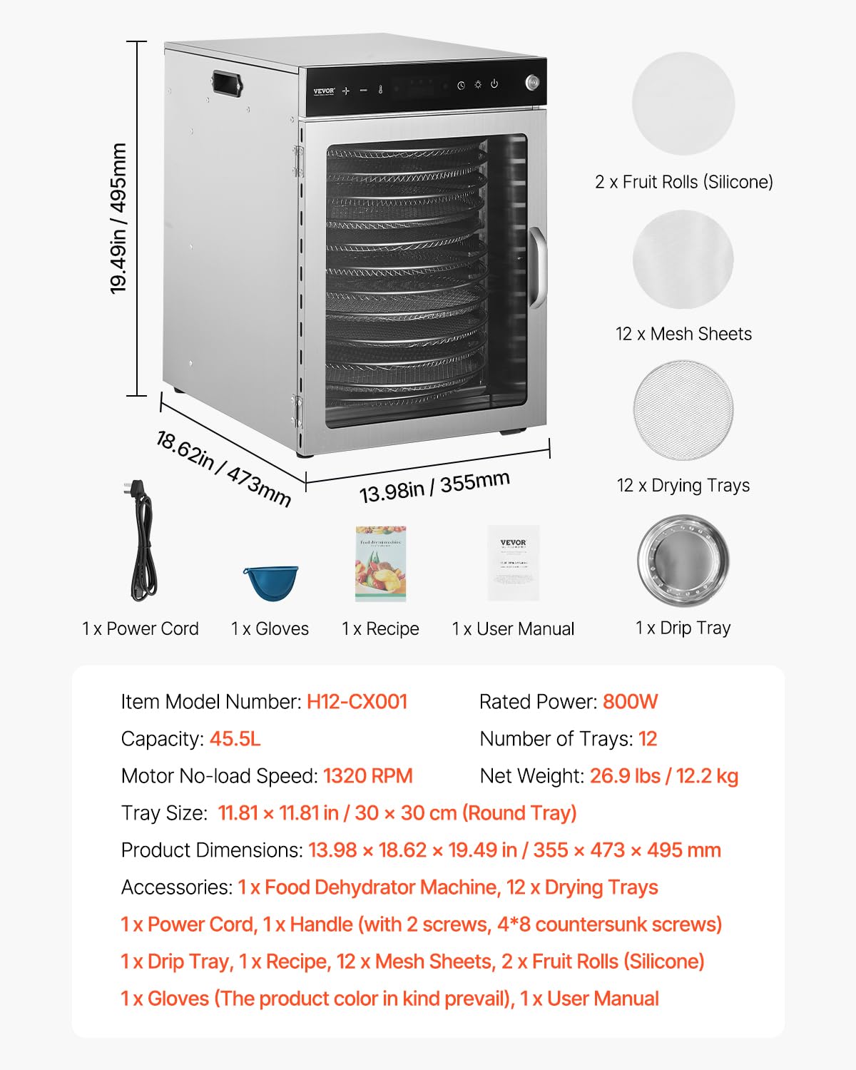 VEVOR Food Dehydrator Machine, Rotary 12 Stainless Steel Trays, 800W Electric Food Dryer with Adjustable Temp & 24-Hour Timer, Food-Dehydrator for Jerky, Meat, Fruit, Vegetables, Herbs, Dog Treats