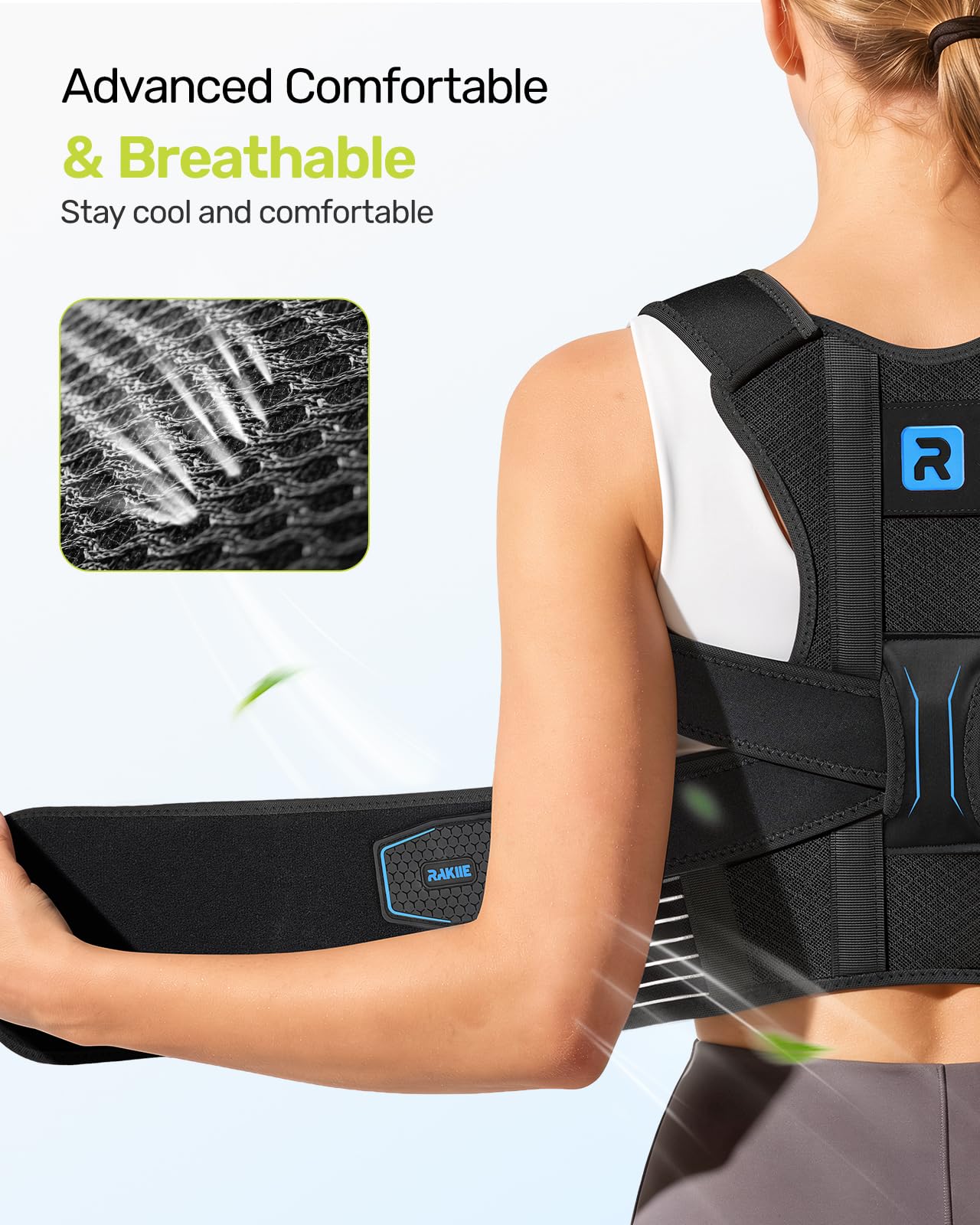 Rakiie Posture Corrector for Women Men, 4 Back Support Brace Bars, Adjustable Shoulder Straightener with Cushioned Pads for Hunchback, Round Shoulders, Back Pain Relief, Blue M