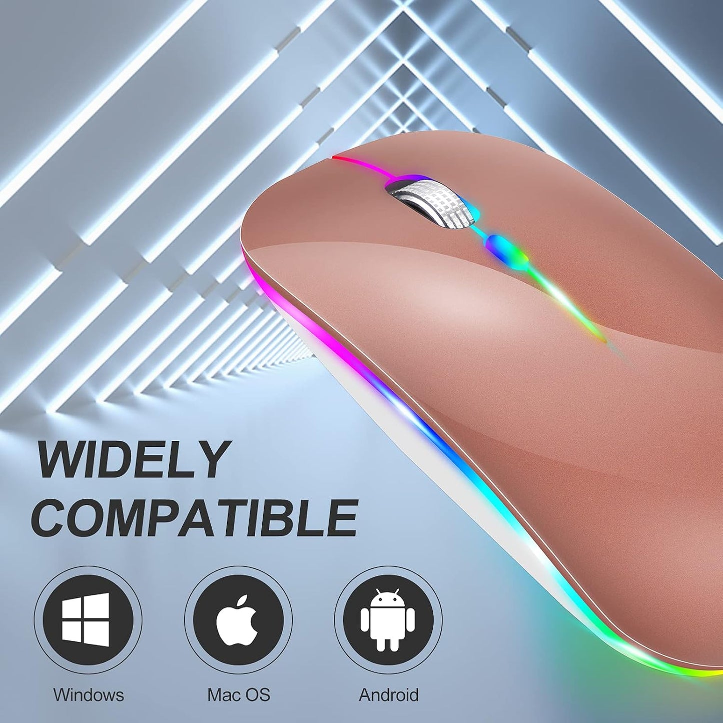 KLO (BT5.2+Type-C+USB2.4G) LED Rechargeable Bluetooth Mouse for MacBook/pc/iPad/Laptop/Notebook/Chromebook (Rose Gold)