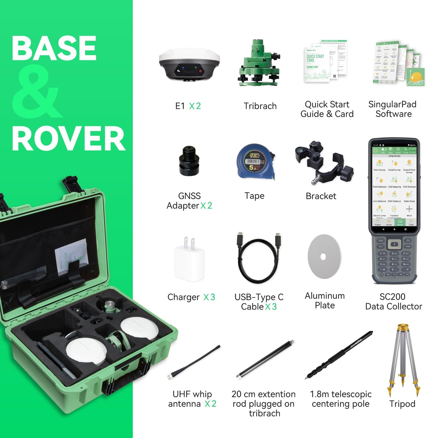 SingularXYZ E1 RTK GNSS Survey Equipment GPS Receiver with IMU Rover & Base Handheld Collector Land Surveying Equipment, Navigation System Survey Software(Include Pole, Tribrach, Tripod)