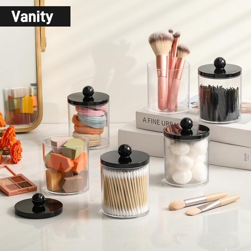 8 Pack Acrylic Qtip Holder Dispenser | Clear & Black Cotton Swab Storage Canisters for Bathroom Decor