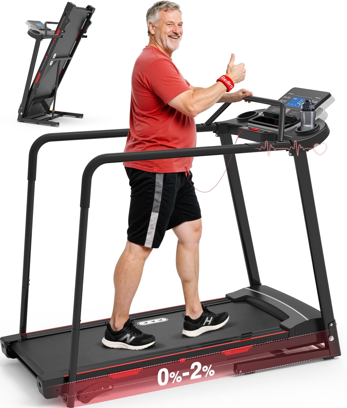 Redliro Walking Treadmill for Seniors Foldable - 400 Lb Capacity Senior Treadmill with Front & Long Handrails, 0%-2% Incline Home Recovery Fitness Exercise Machine for Elder, 47.6" Long Belt, APP
